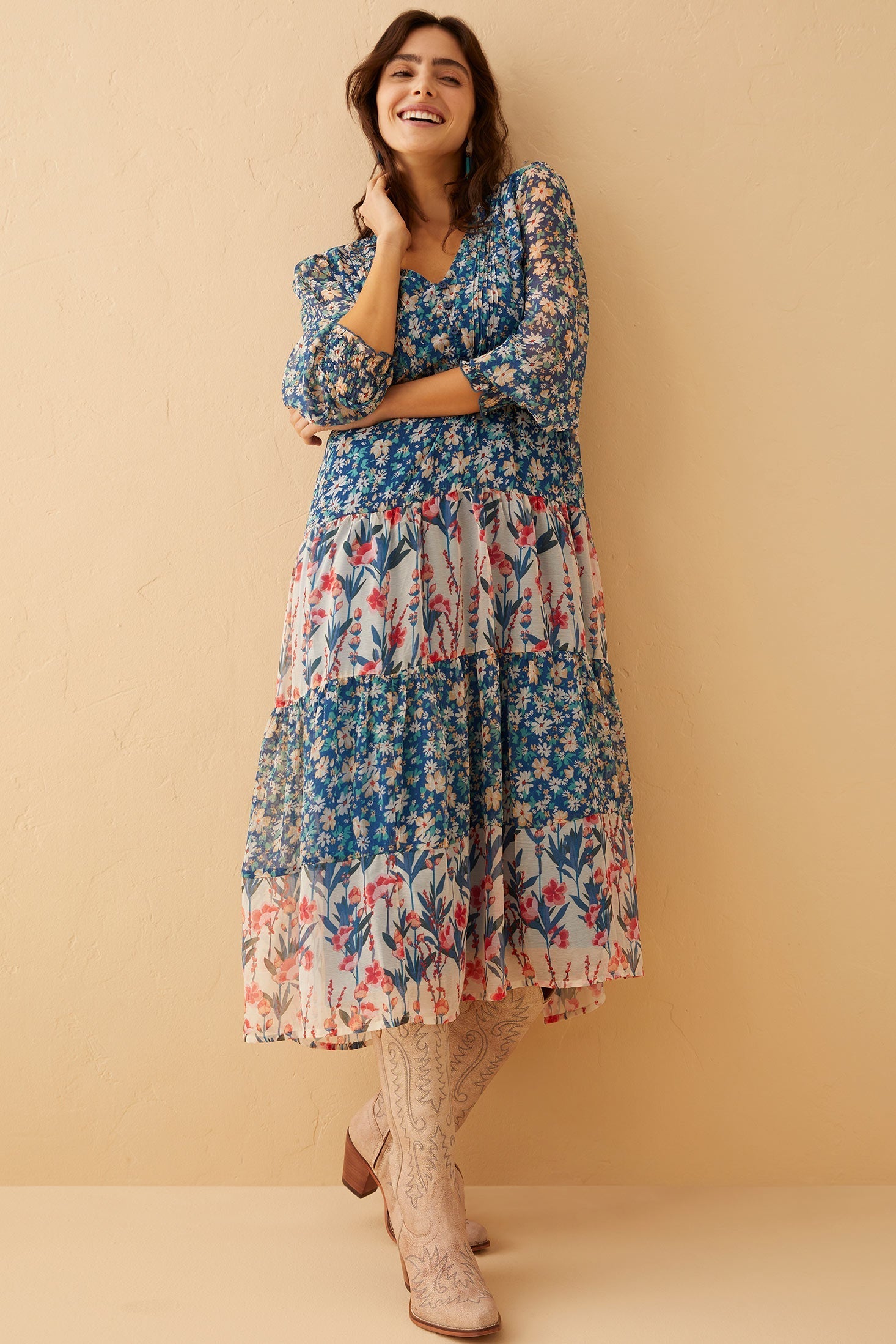 sachin and babi light blue dress Mixed Media V-neck Drop Waist Maxi Dress With Pockets main image 0