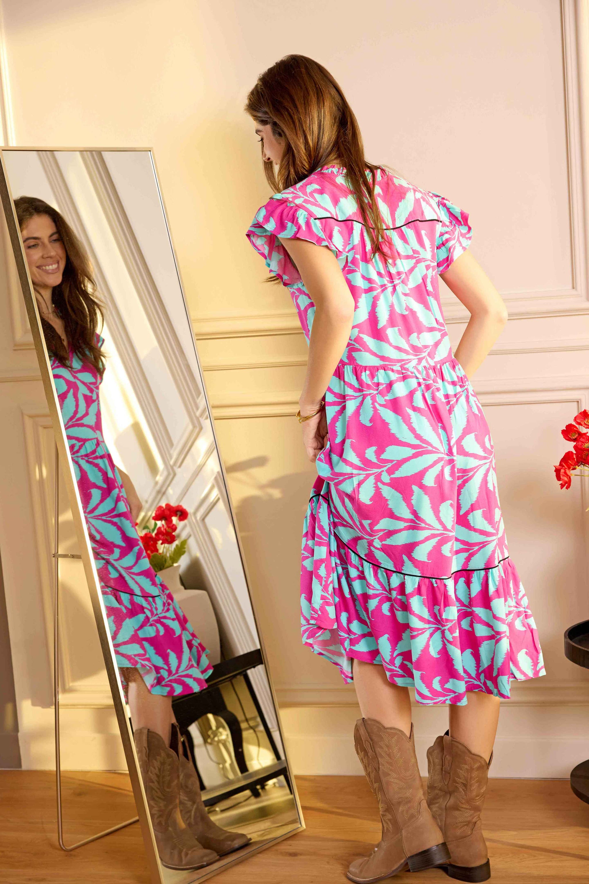 Bold & Beautiful Empire Waist Dress In Pink and Blue Bold & Beautiful Empire Waist Dress In Pink and Blue