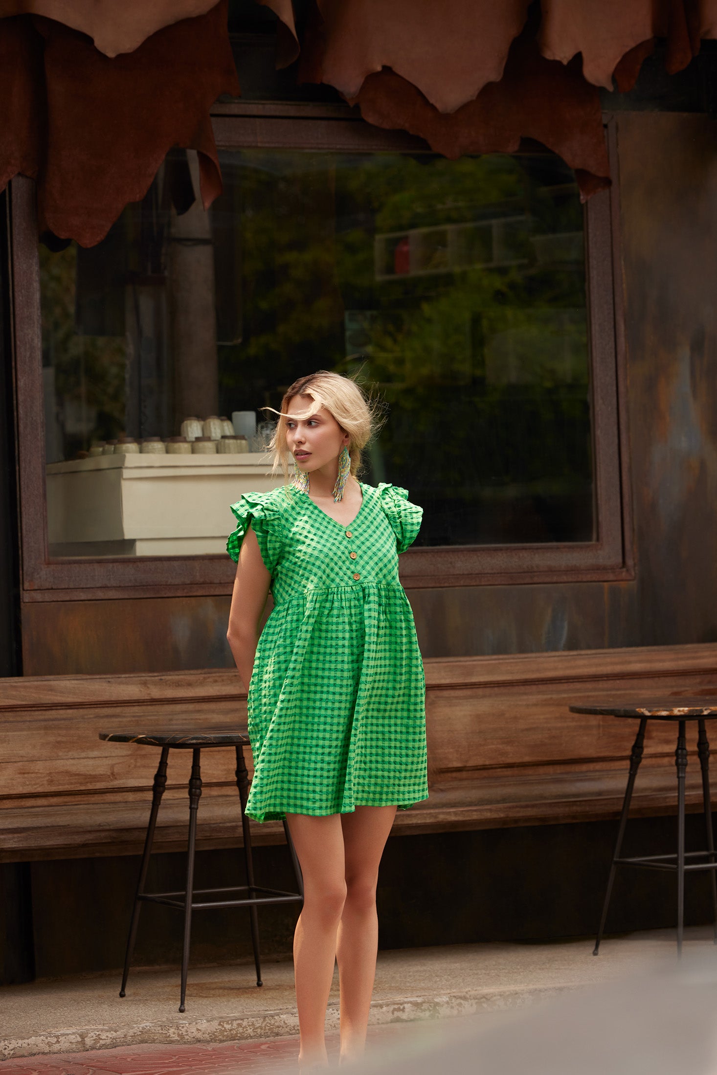 Sophie Checkered Print Dress In Green