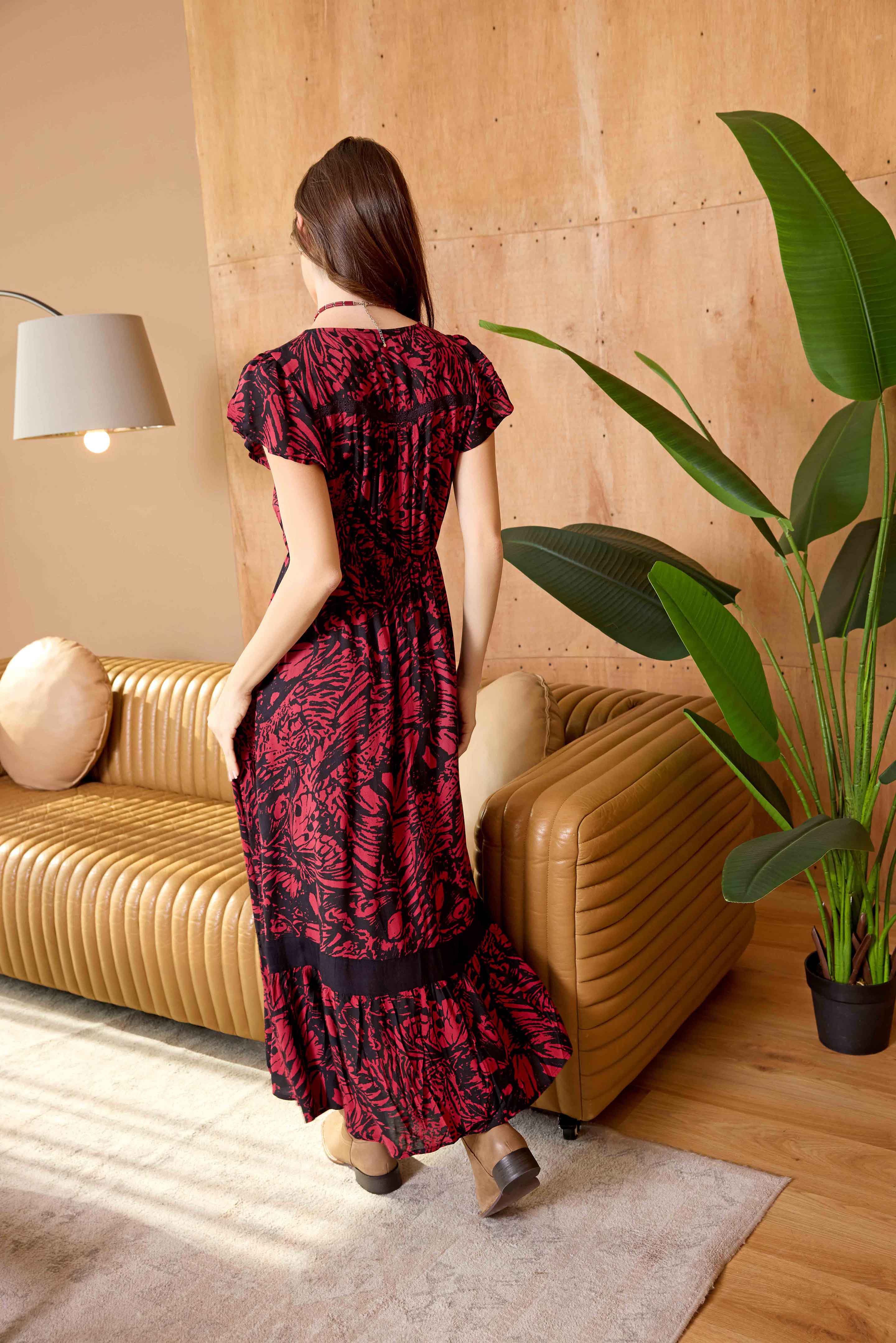 Bohera Songbloom V-Neck Sleevless Maxi Dress in Deep Rouge