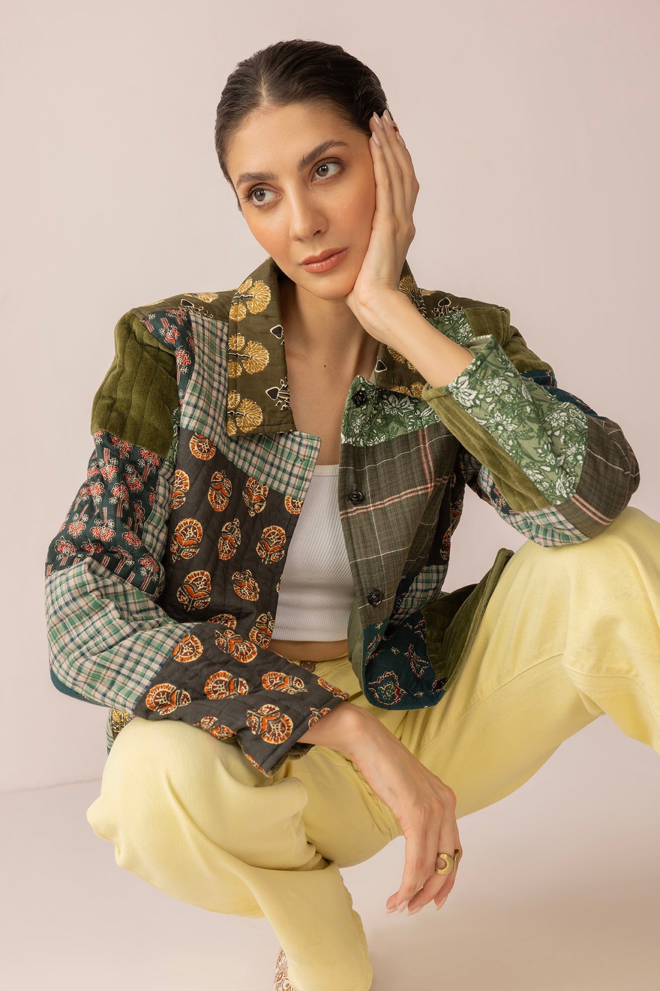 Meadow Folk Quilted Jacket with Patchwork in Dusty Green