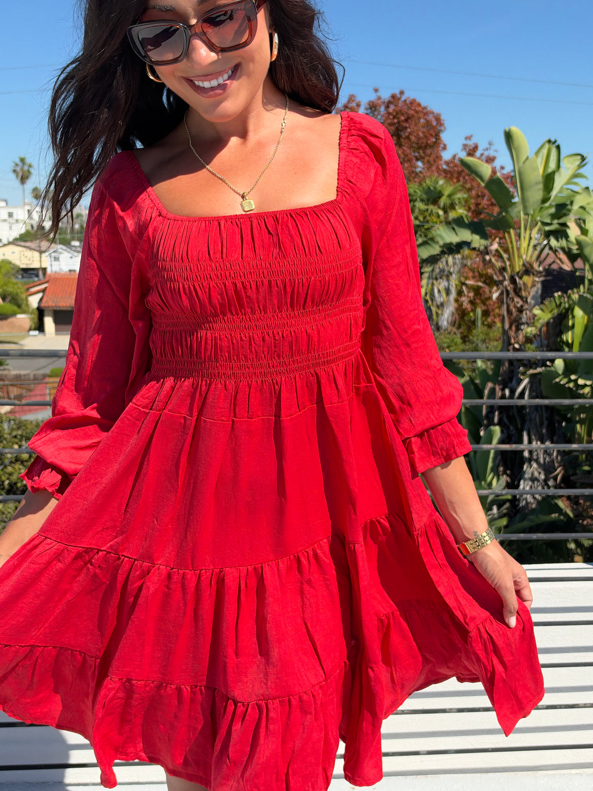 Daisywood Ruffle Smocking Dress in Red