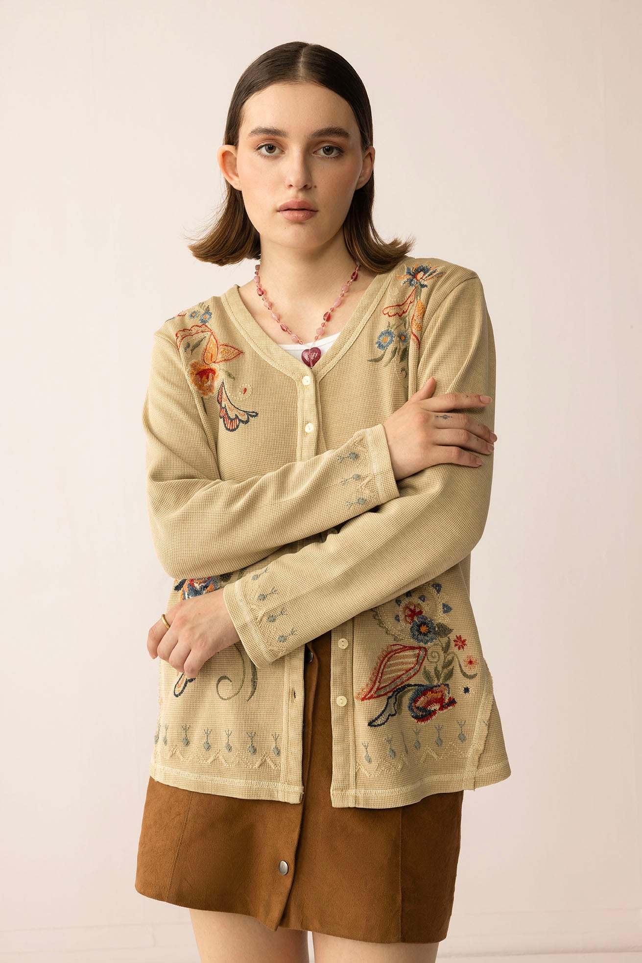 Birdsong Bloom Embroidered Top in Almond color