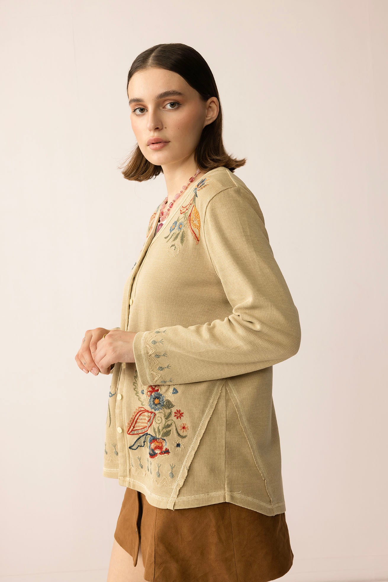 Birdsong Bloom Embroidered Top in Almond color