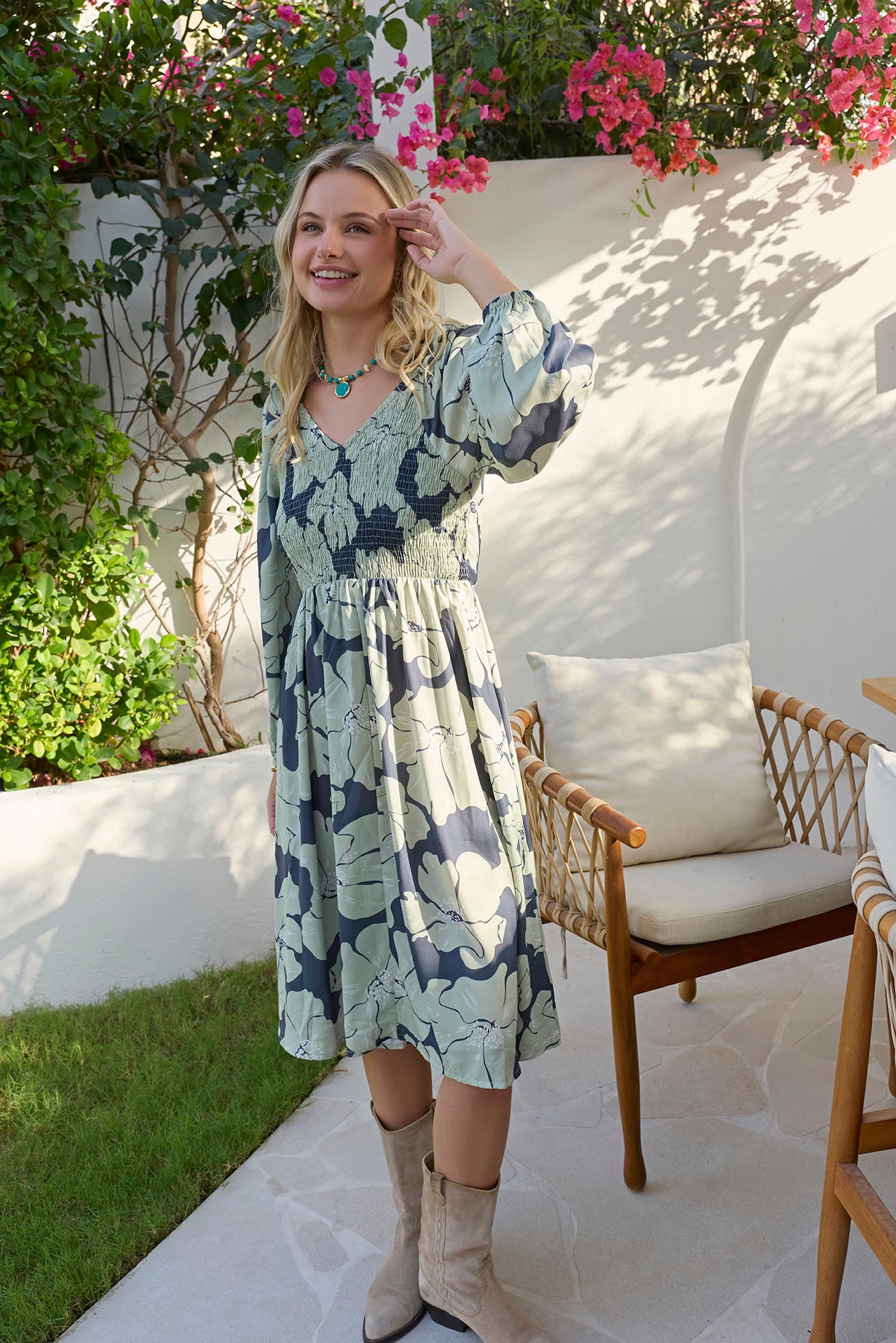 Wildmint Ruffle Smocking Dress in Jade Blue