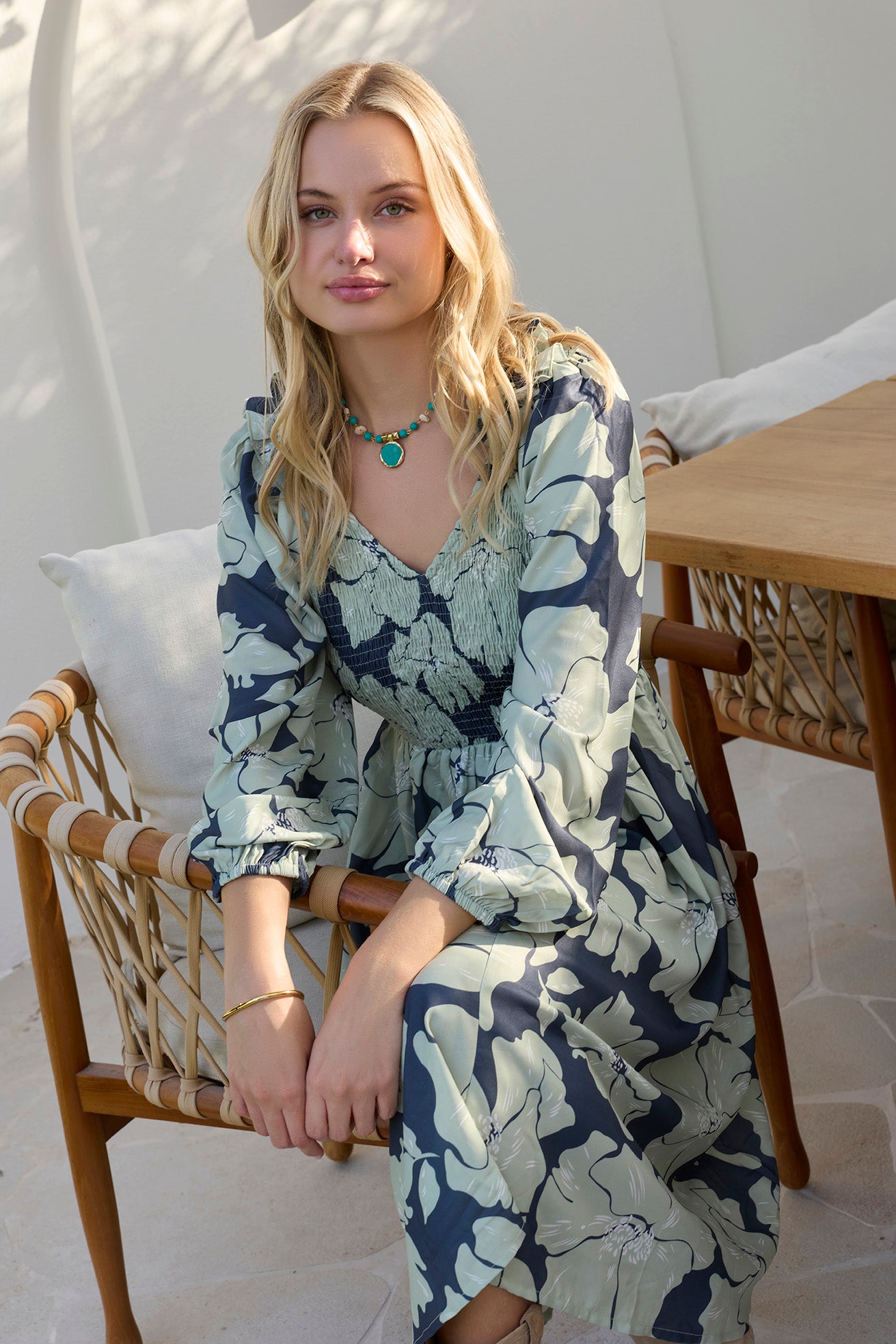 Wildmint Ruffle Smocking Dress in Jade Blue