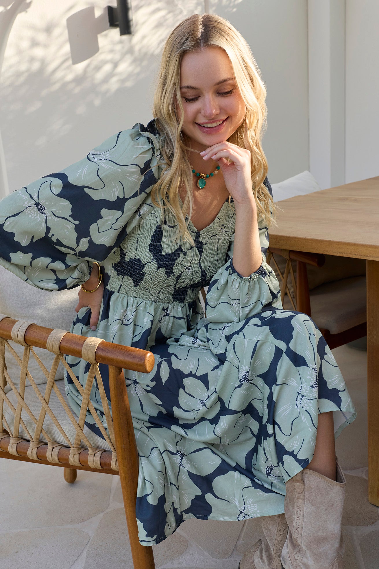 Wildmint Ruffle Smocking Dress in Jade Blue