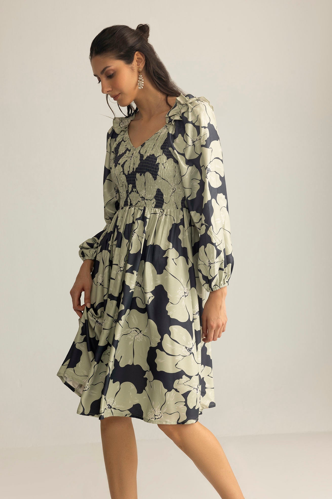 Wildmint Ruffle Smocking Dress in Jade Blue