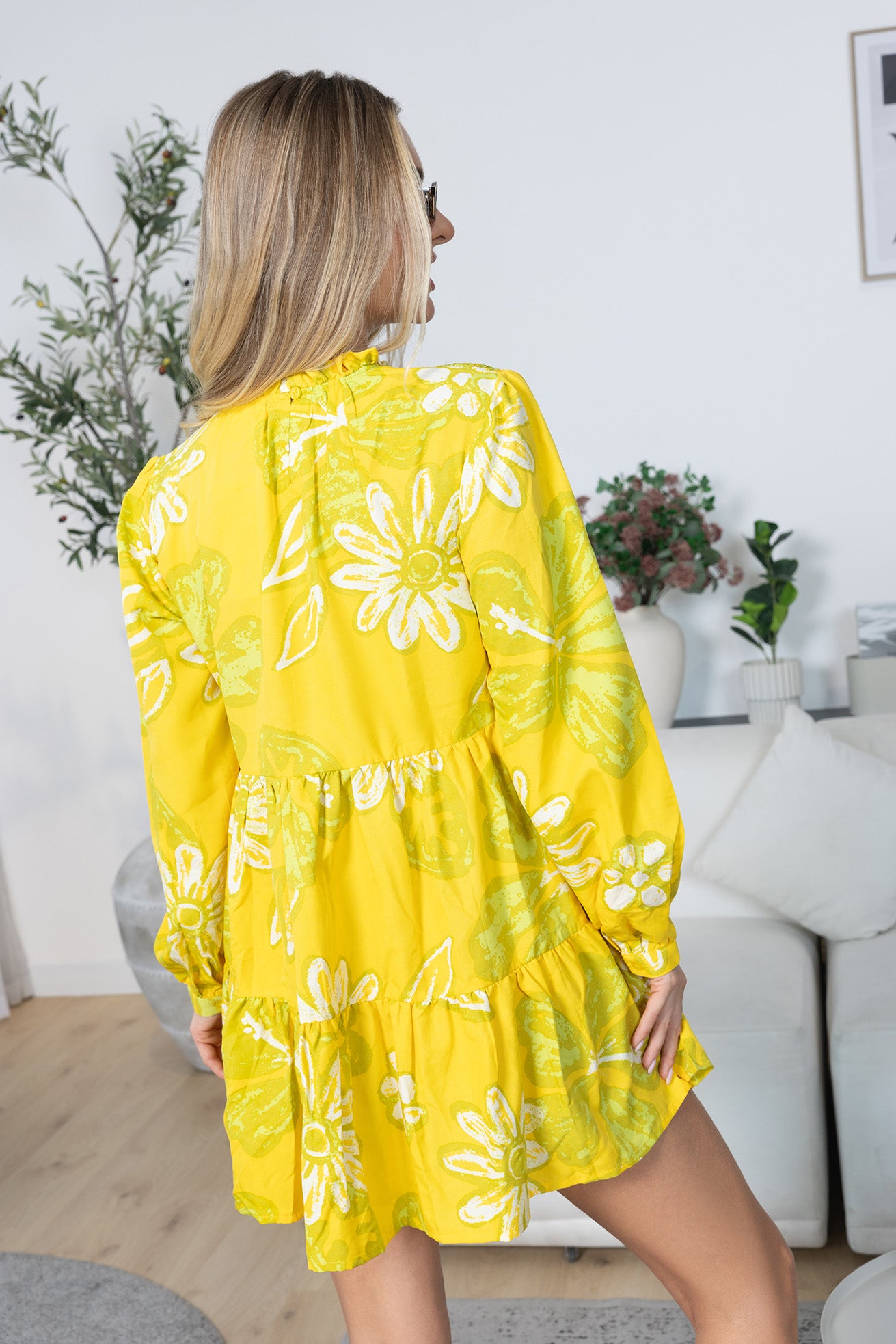 Wild Sienna Ruffle Dress in Yellow Floral print