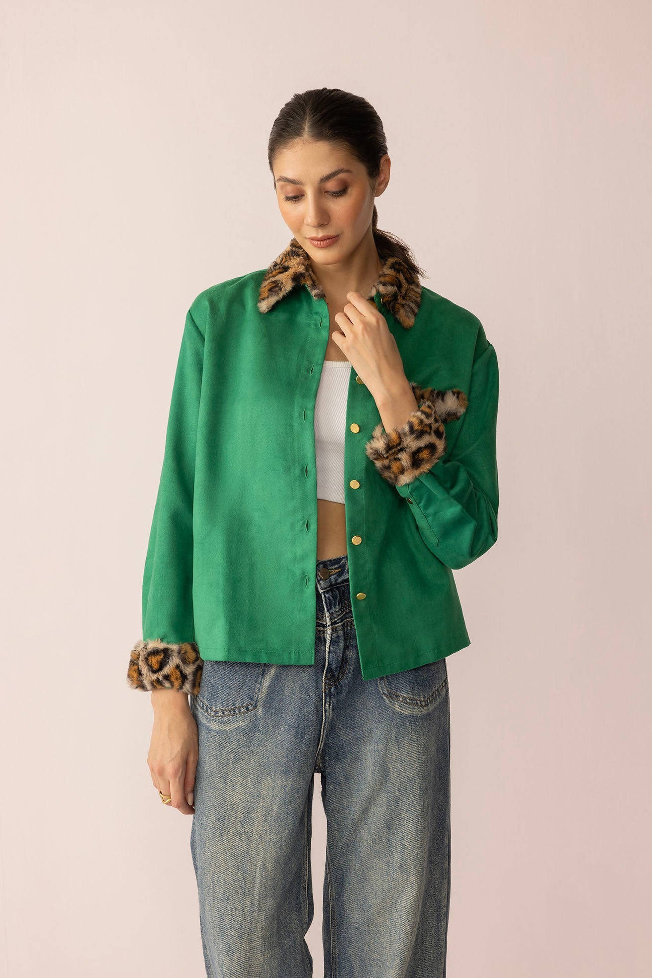 Sienna Rose Women's Shirt in Green with Fur.
