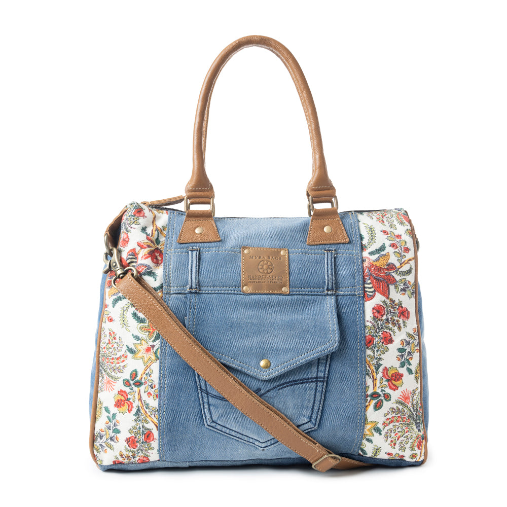 Myra Crimson Glade Floral Canvas Tote Bag - Dual Handle Leather Strap Upcycled Denim Bag for Fun Outings