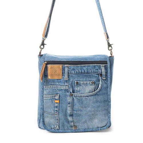 Myra Ashley Adventure Crossbody Bag – Upcycled Denim with Leather Accents