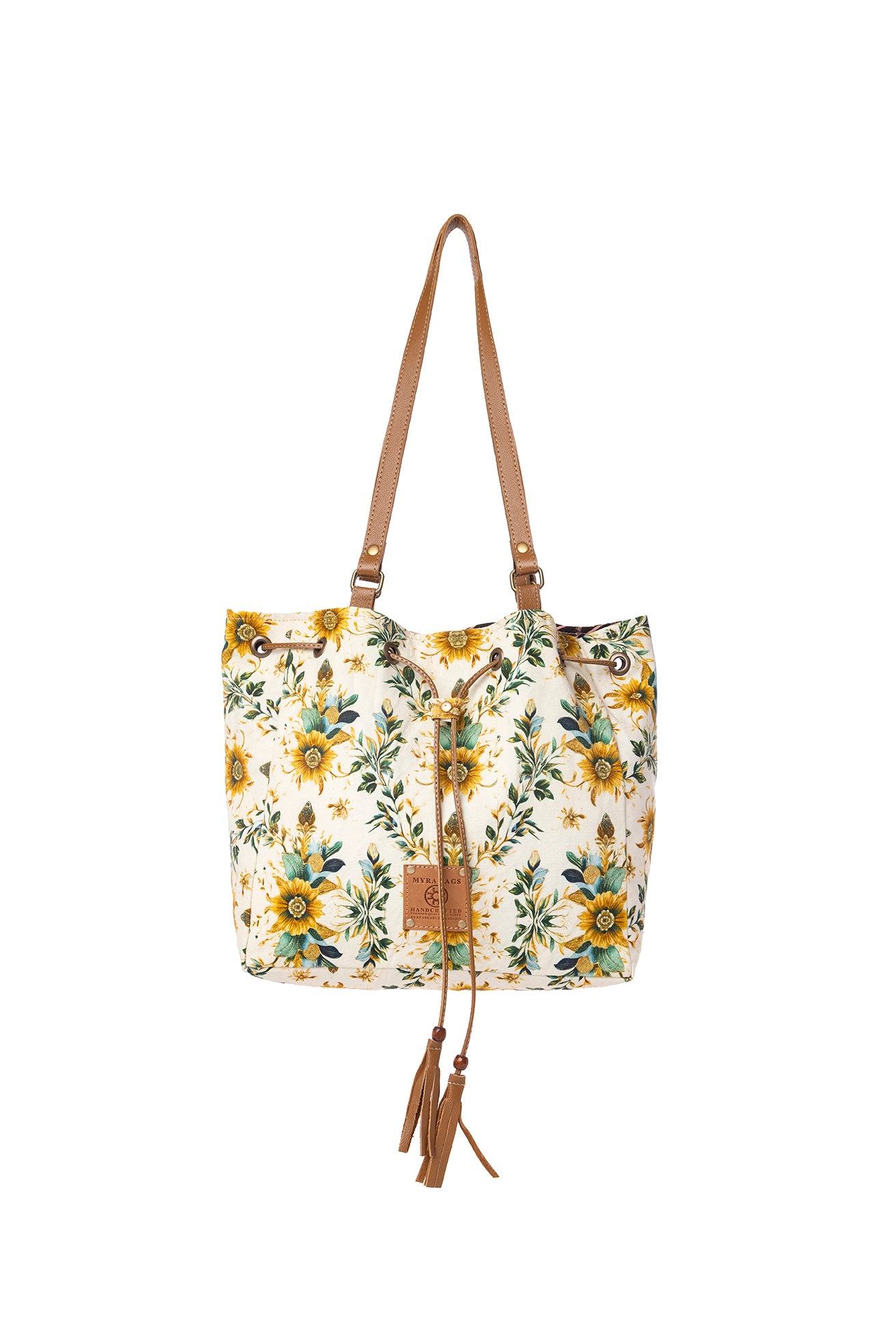 Myra Southern Bloom Cotton & Leather Bucket Bag in Chestnut Beige
