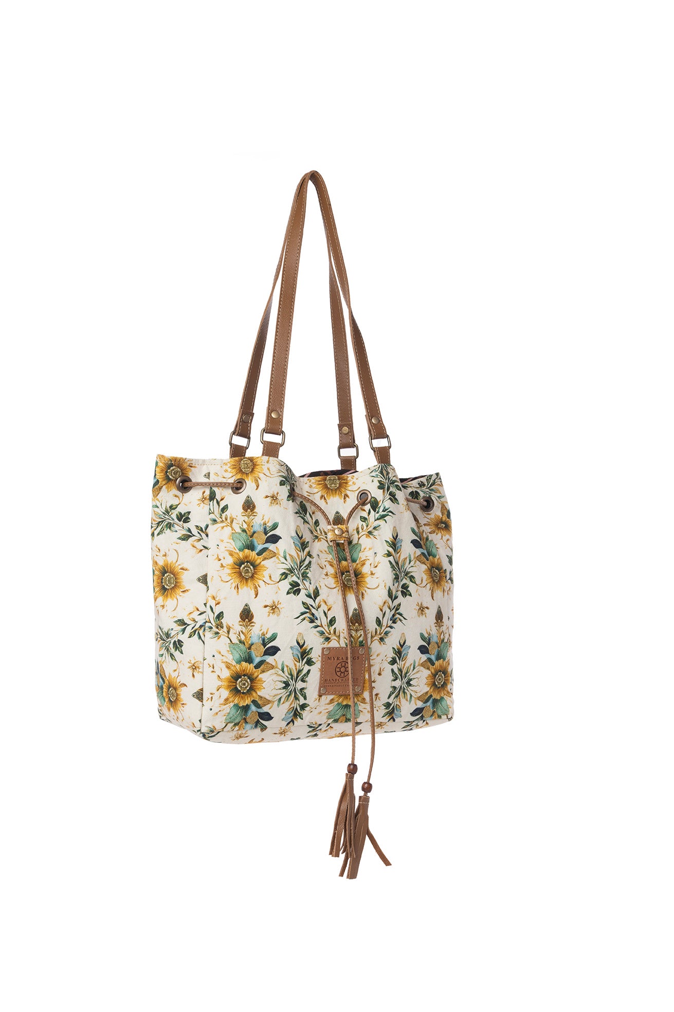 Myra Southern Bloom Cotton & Leather Bucket Bag in Chestnut Beige