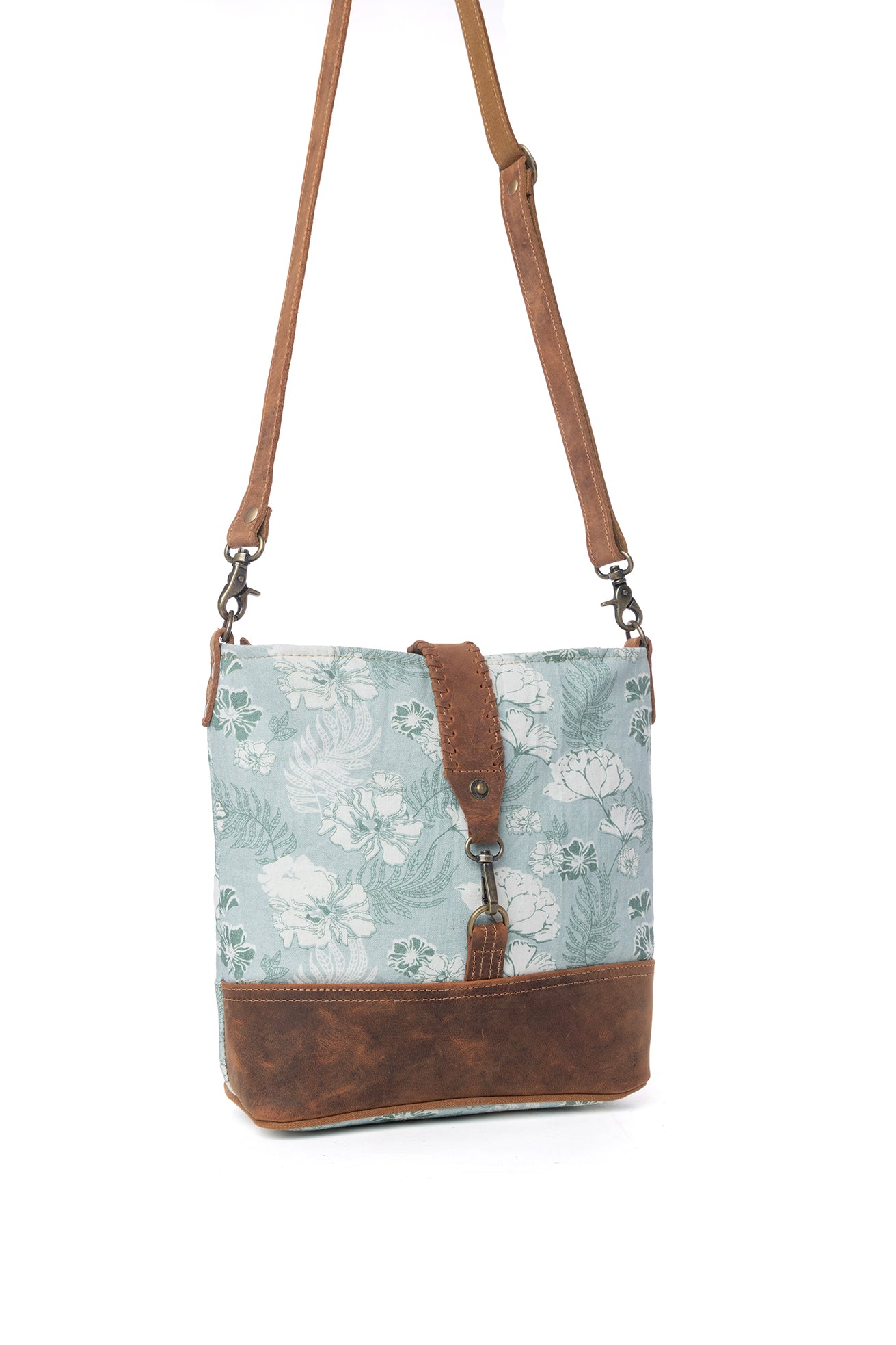 Myra Sagefield Cotton & Leather Shoulder Bag in Mint Brown