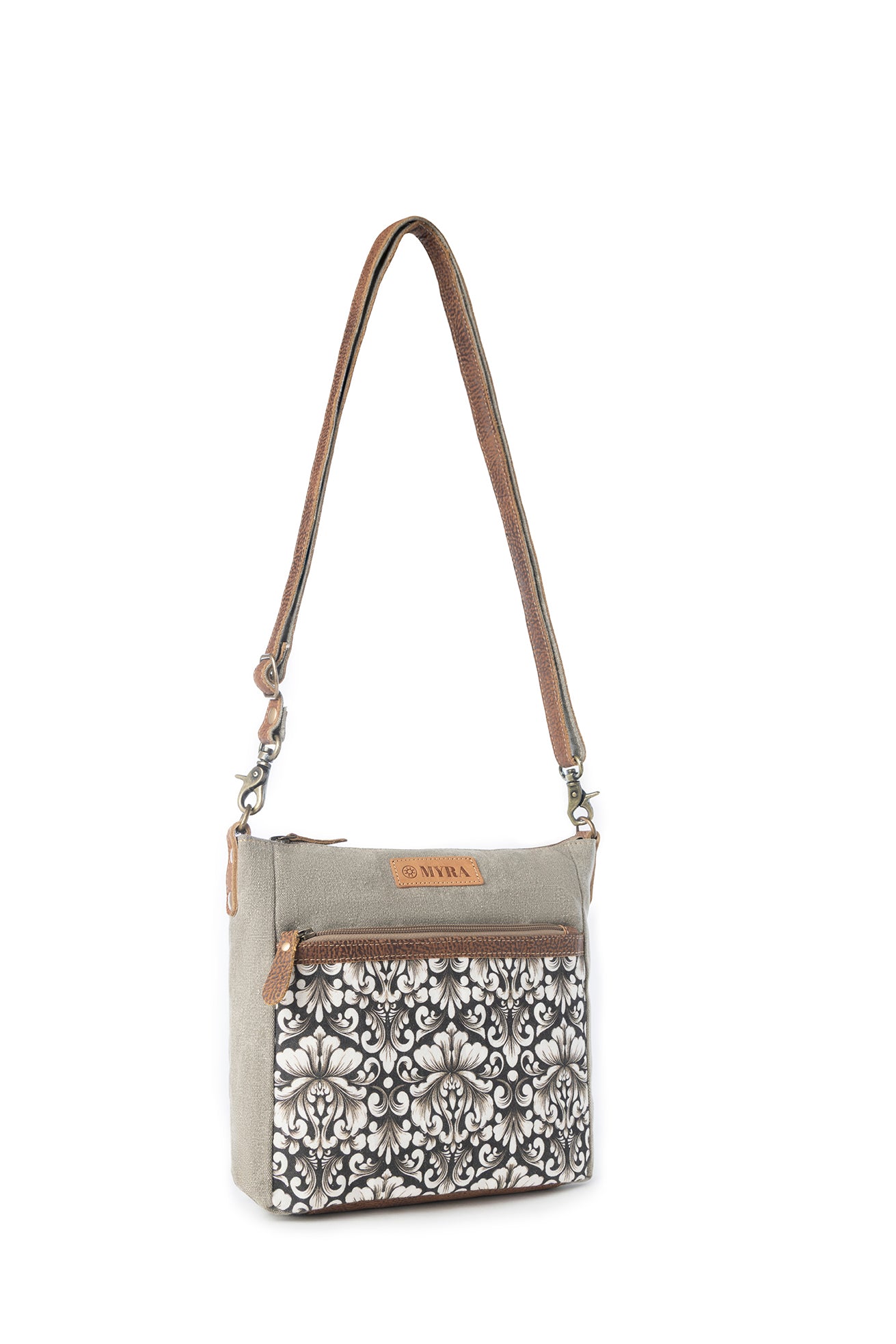 Myra Damask Trail Vintage Crossbody Bag for Women in sage with print detail