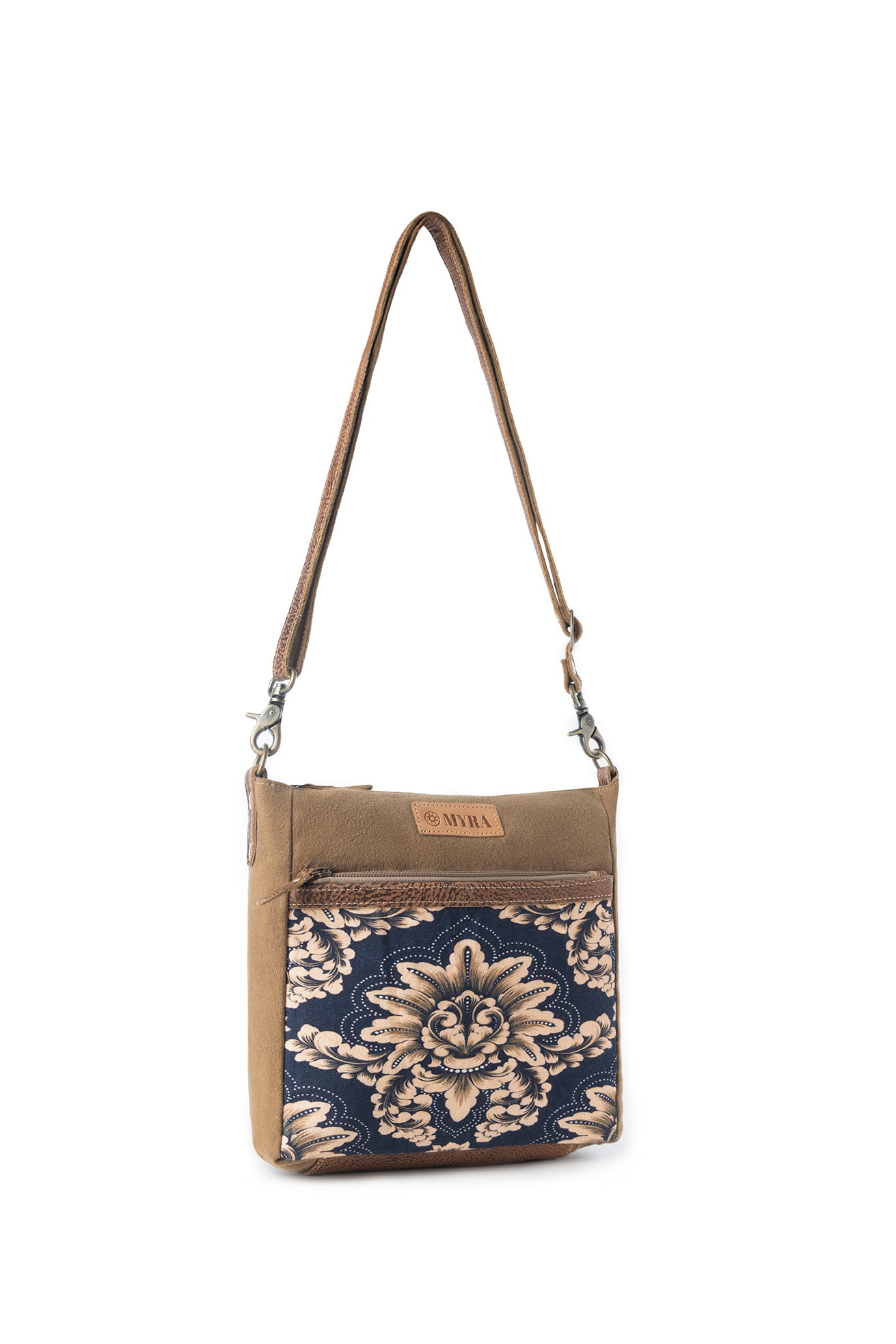 Myra Crestbloom Vintage Crossbody Bag for Women in navy with print detail