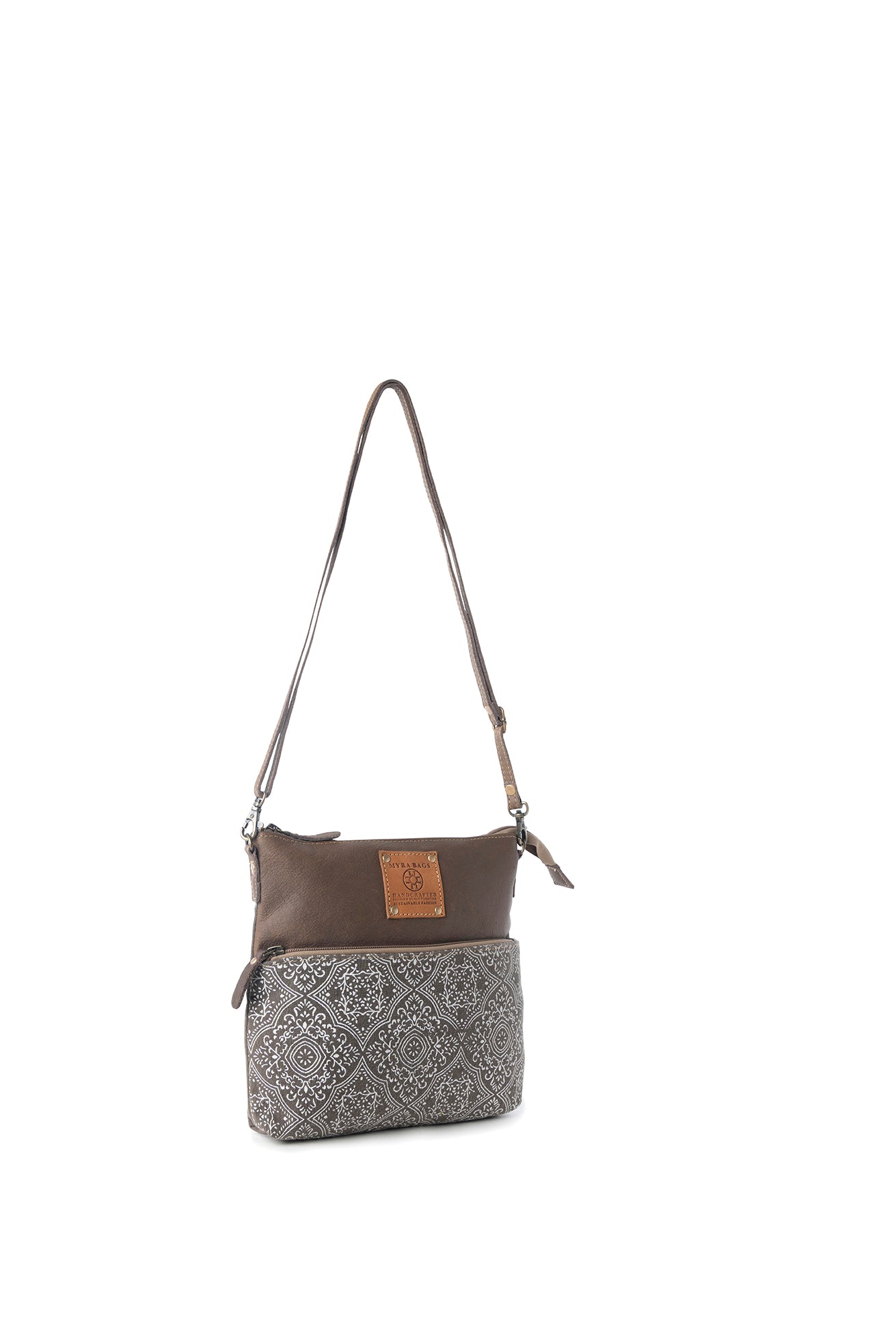 Myra Wildprint Trail Vintage Crossbody Bag for Women in olive with tile detail