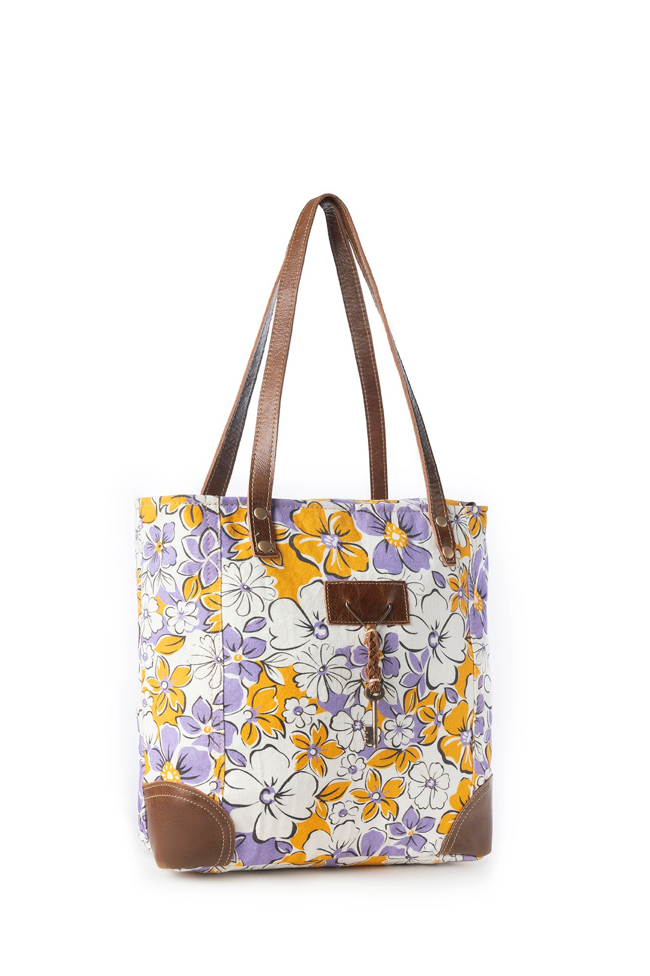 Myra Retro Bloom upcycled canvas tote Bag for Women in yellow with leather detail