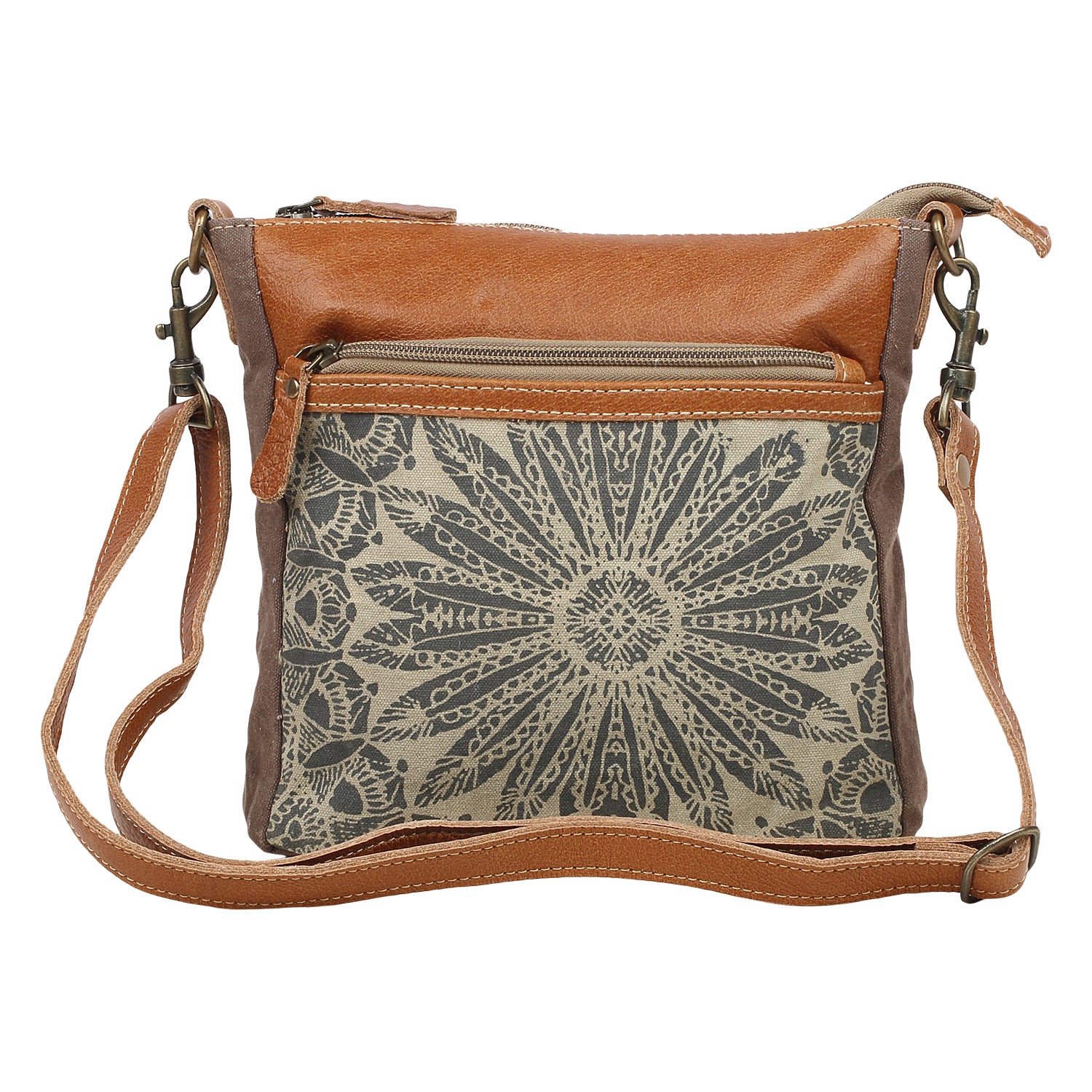 Myra Dizzy Circle Leather Shoulder Bag for Women Sunburst Floral Print, Adjustable Strap, Rustic Everyday Companion