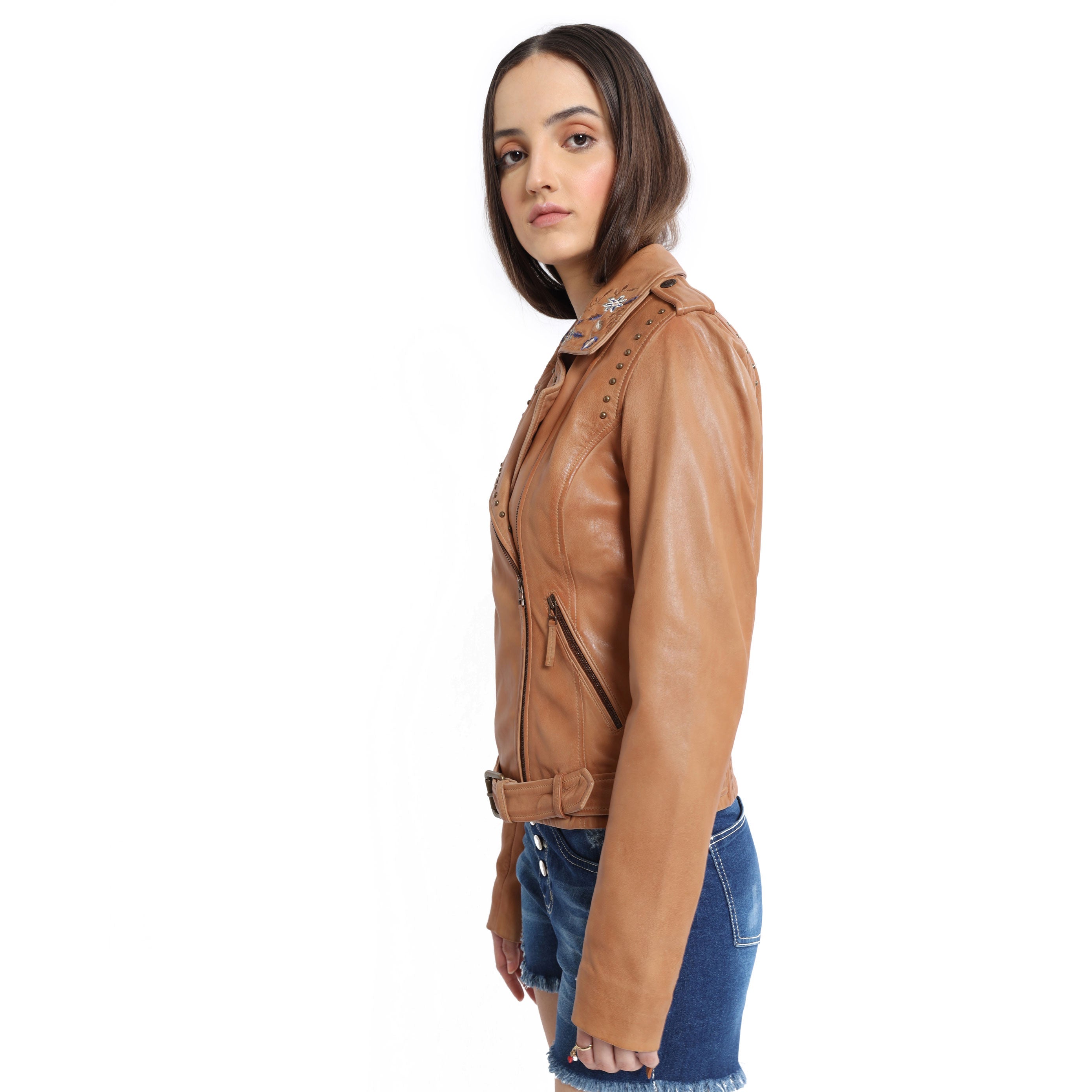 Tanned Embroidered LEATHER Jacket - MyraUSA
