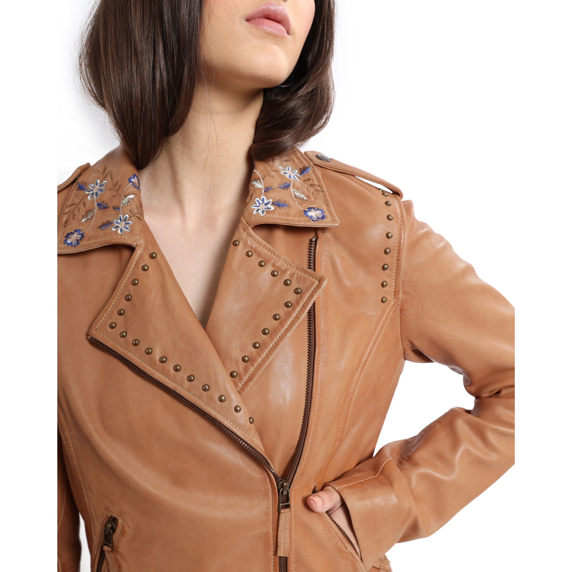 Tanned Embroidered LEATHER Jacket - MyraUSA
