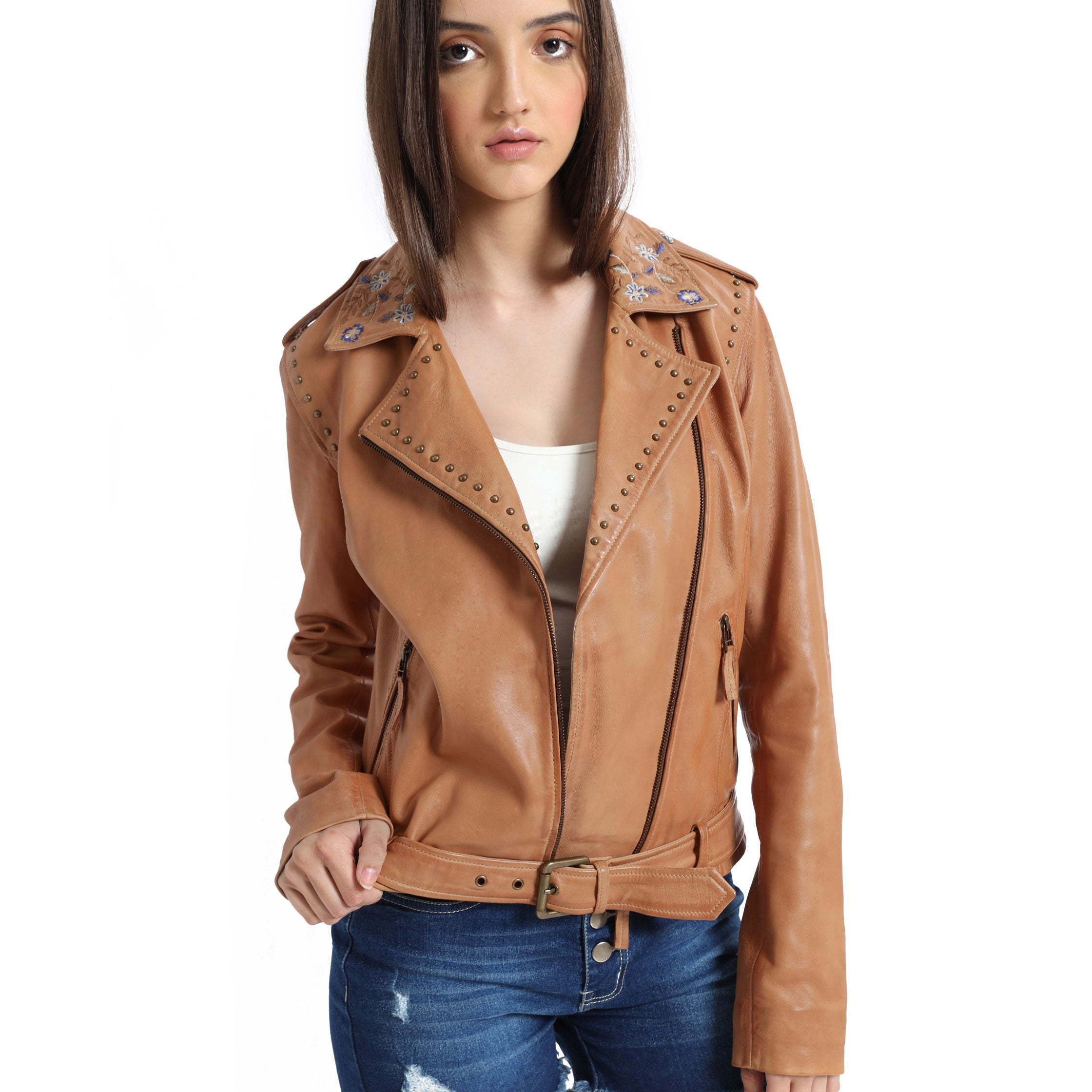 Tanned Embroidered LEATHER Jacket - MyraUSA