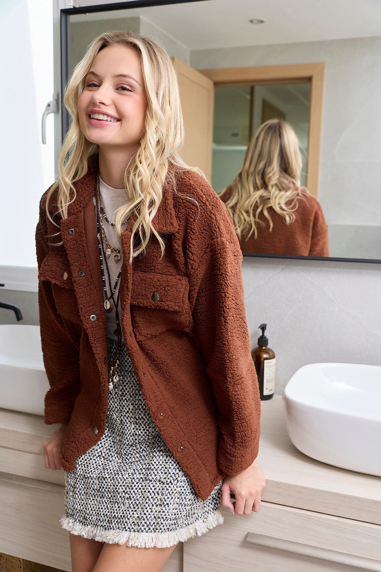 Amina Fleece Button Front Shacket Sweater - Myra USA