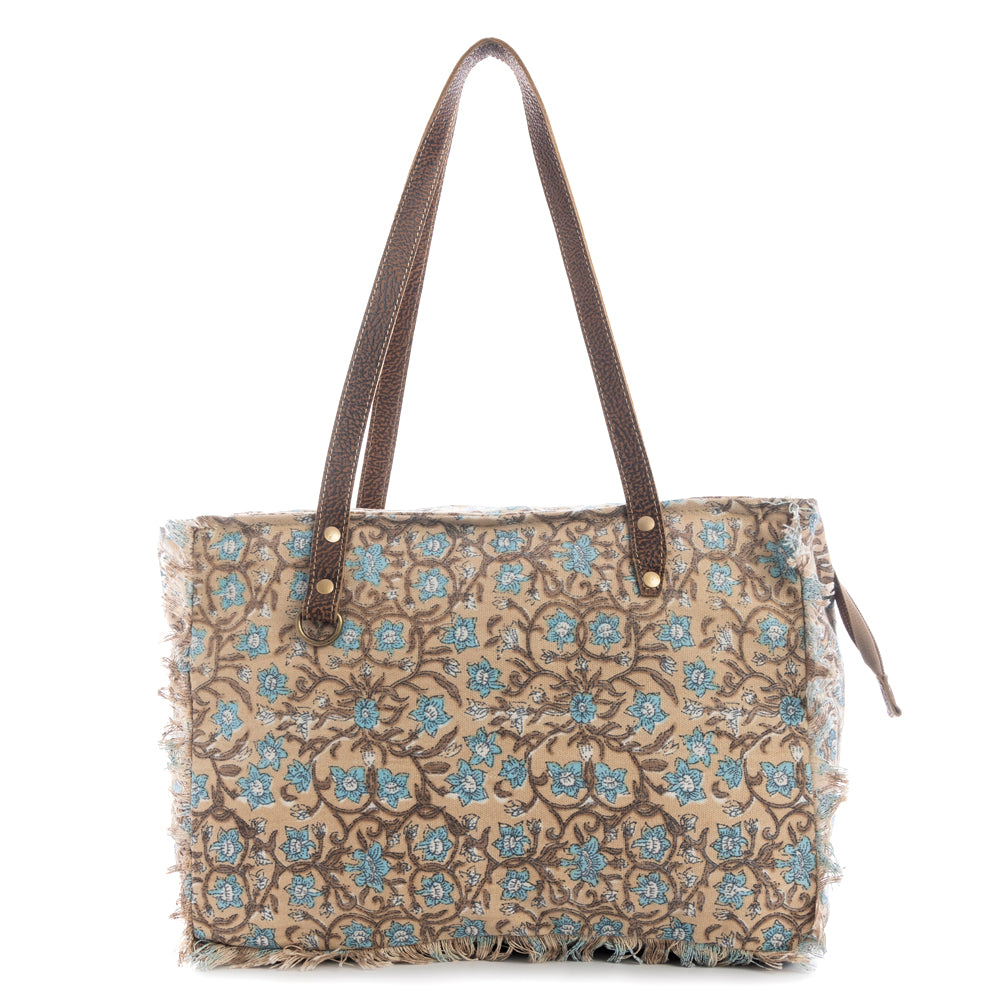 Myra San Ysidro Falls Floral Weekender Bag for Women – Distressed Fabric, Leather Handles & Rustic Fringe Details
