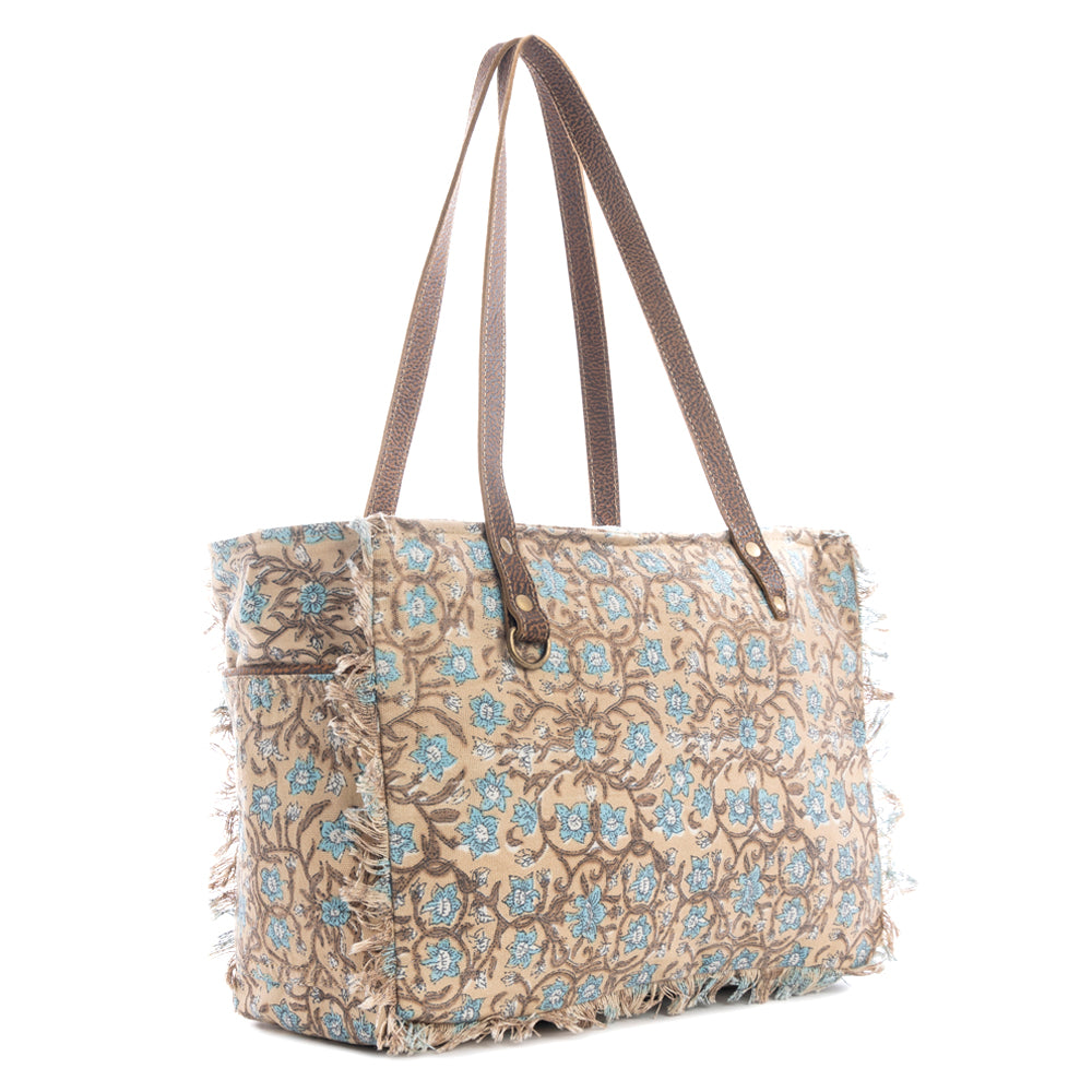 Myra San Ysidro Falls Floral Weekender Bag for Women – Distressed Fabric, Leather Handles & Rustic Fringe Details