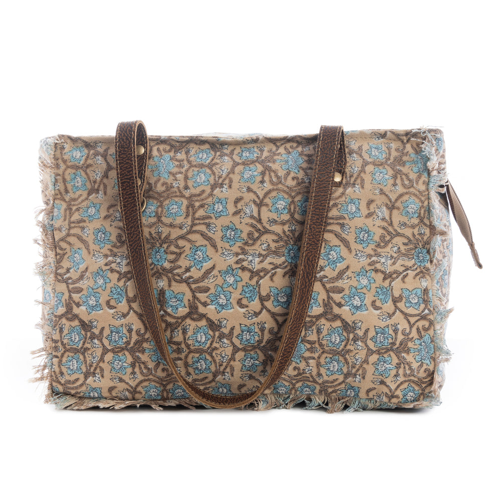 Myra San Ysidro Falls Floral Weekender Bag for Women – Distressed Fabric, Leather Handles & Rustic Fringe Details