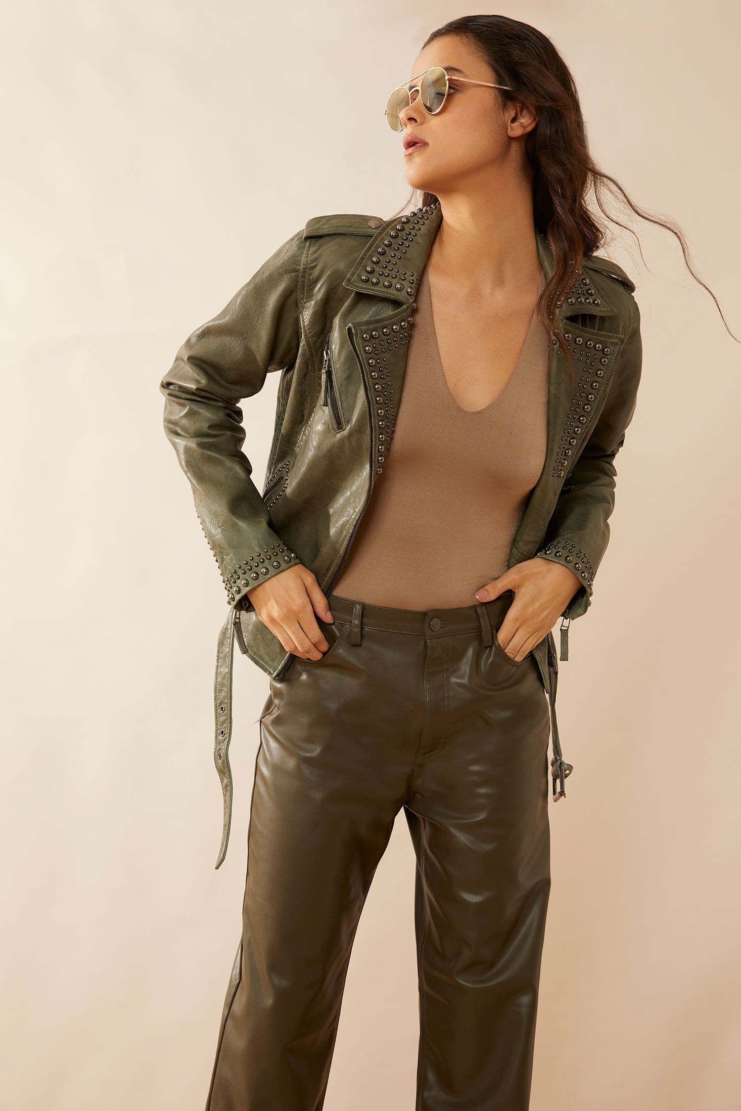 Aansila Leather Jacket In Fern Grotto Green