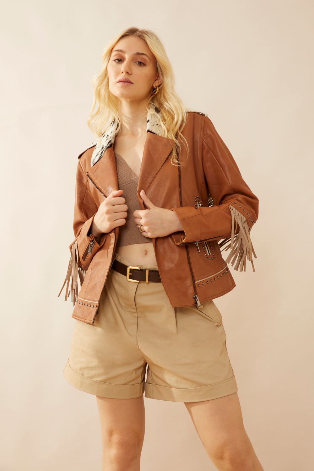 Phoenix Fringed Leather Jacket In Camel