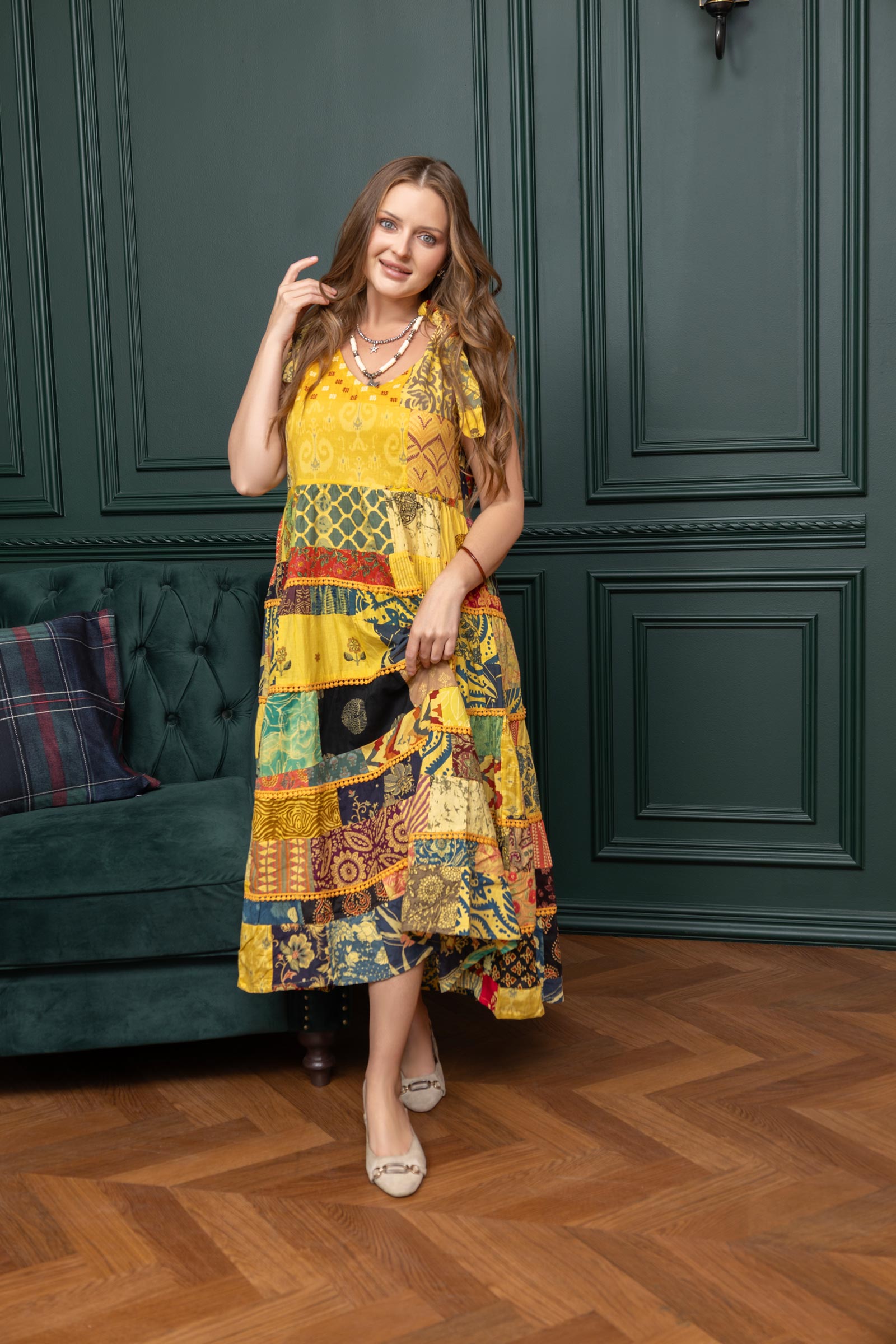 Savannah's Serendipity Pathwork Dress In Yellow