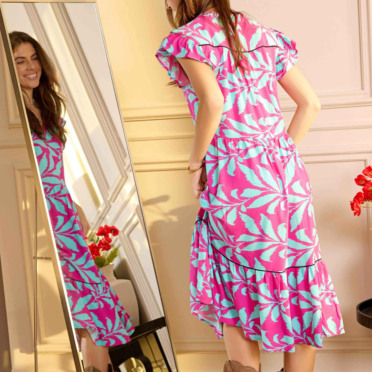 Bold & Beautiful Empire Waist Dress In Pink and Blue Bold & Beautiful Empire Waist Dress In Pink and Blue