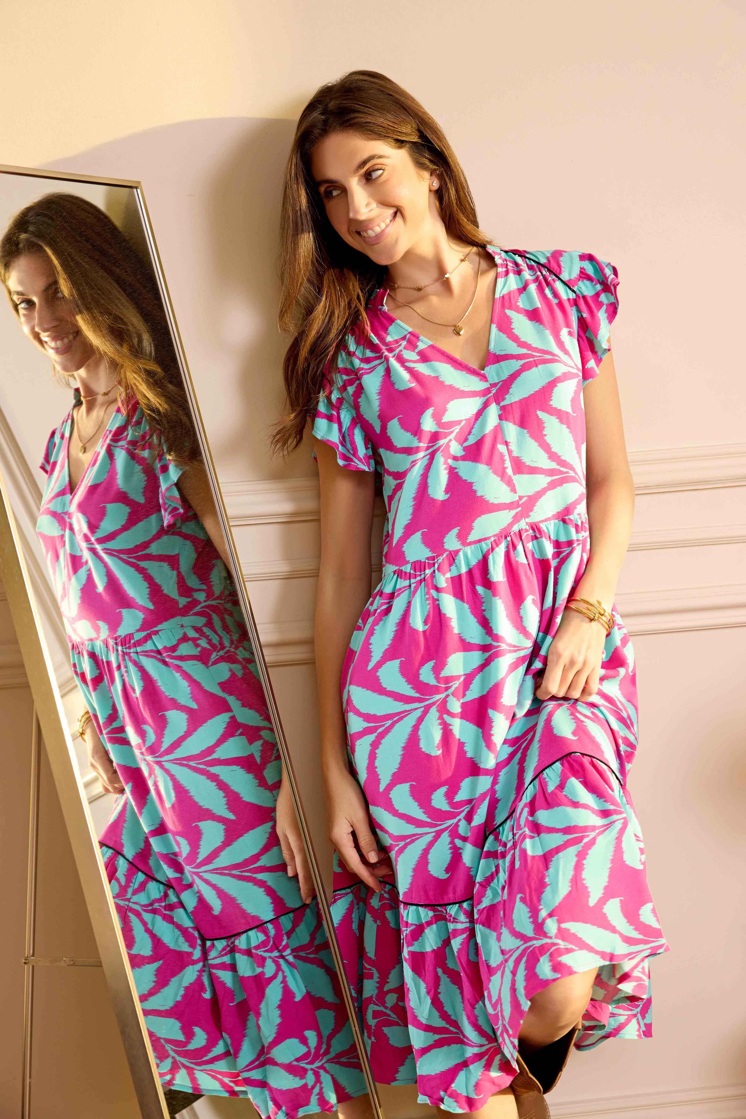 Bold & Beautiful Empire Waist Dress In Pink and Blue
