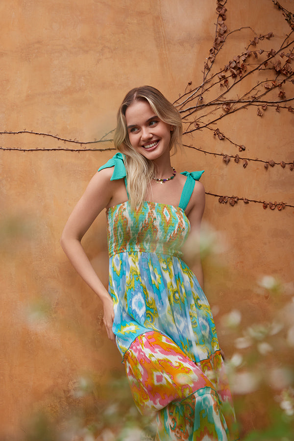Jade Geometric Drop Waist Dress In Green And Orange