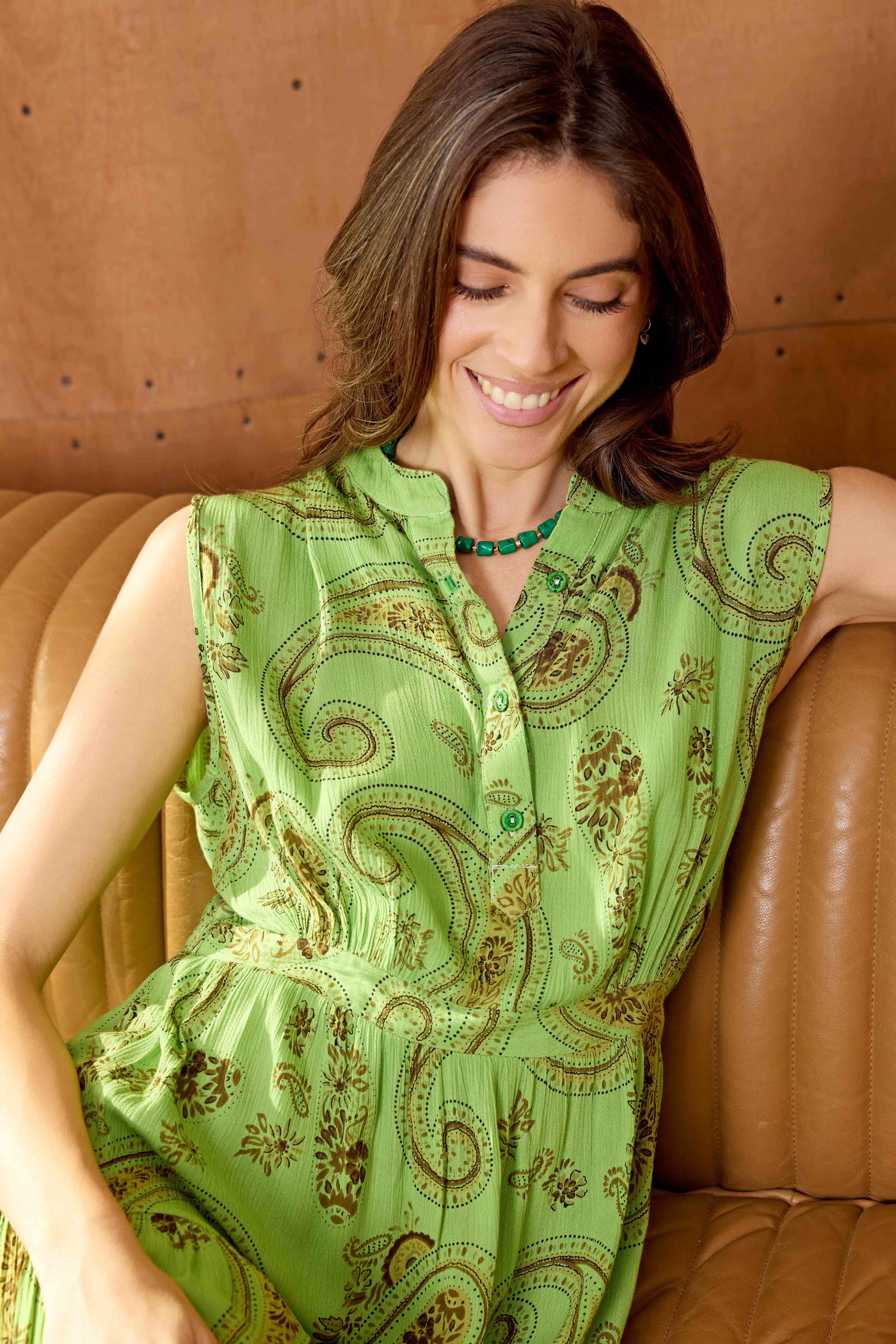 Bohera Leaf Whorl Printed Button Front Sleeveless Midi Dress in Laurel Green