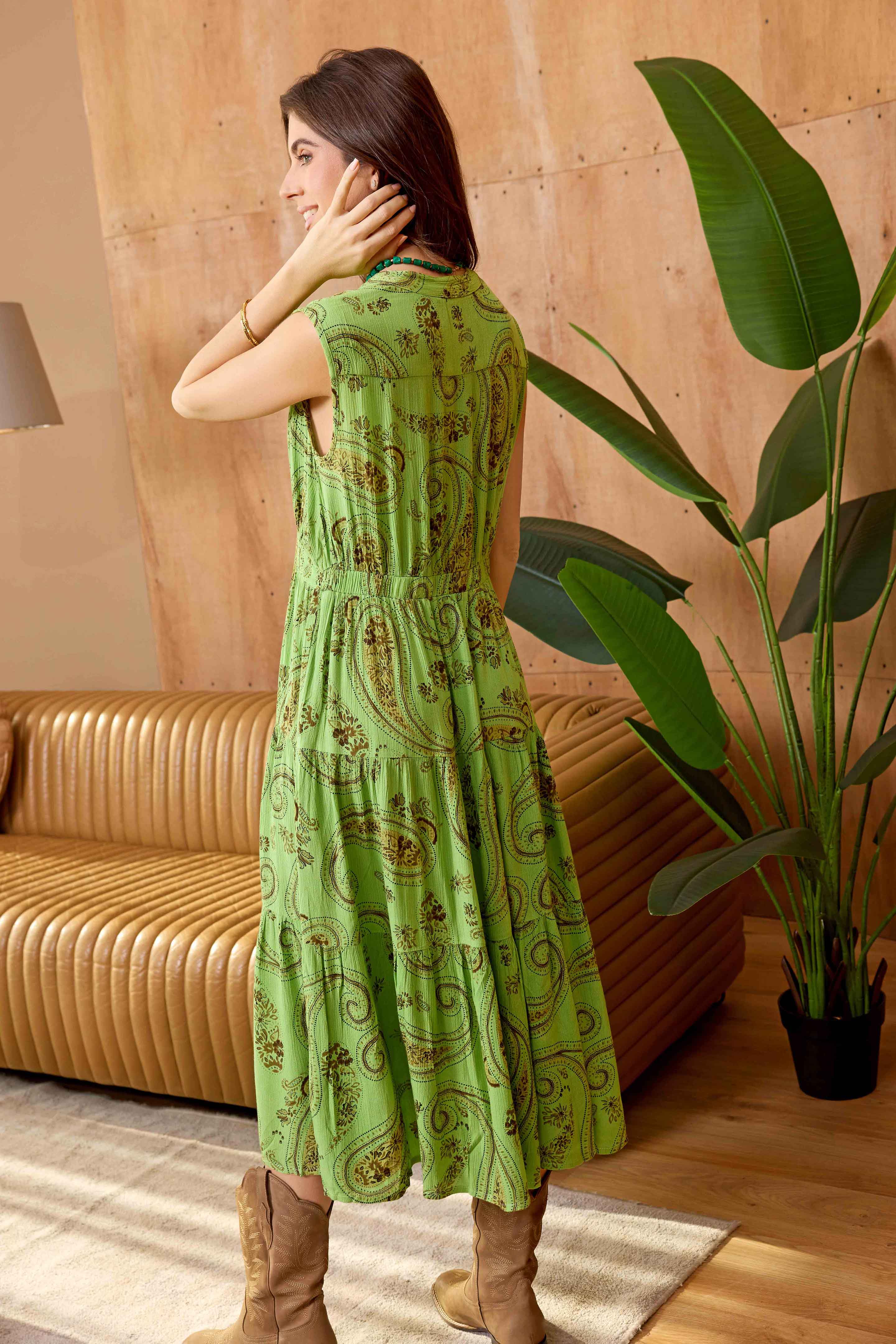 Bohera Leaf Whorl Printed Button Front Sleeveless Midi Dress in Laurel Green
