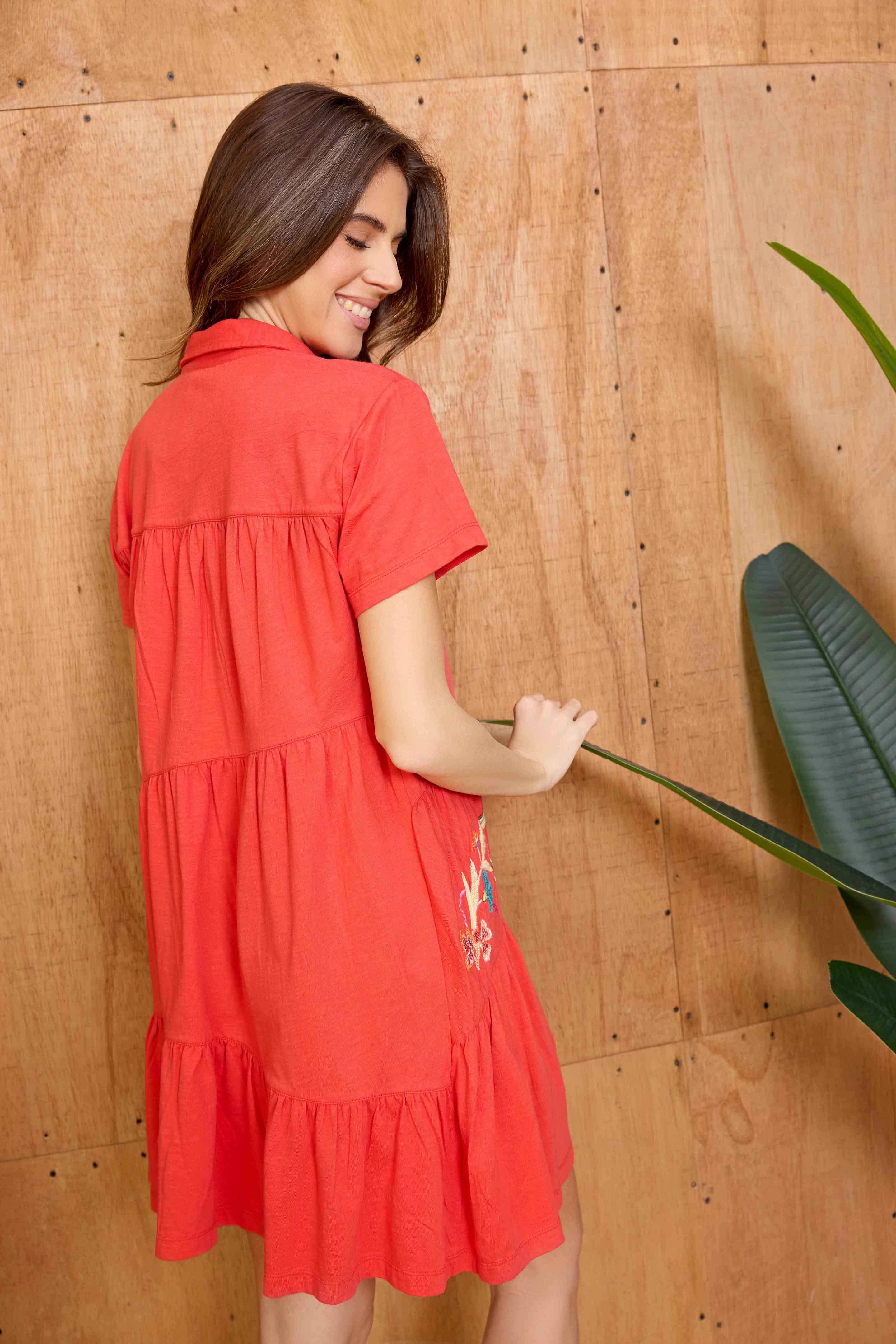 Bohera Sunweave Embroidered Button-Front Tiered Midi Dress in Canyon Ember