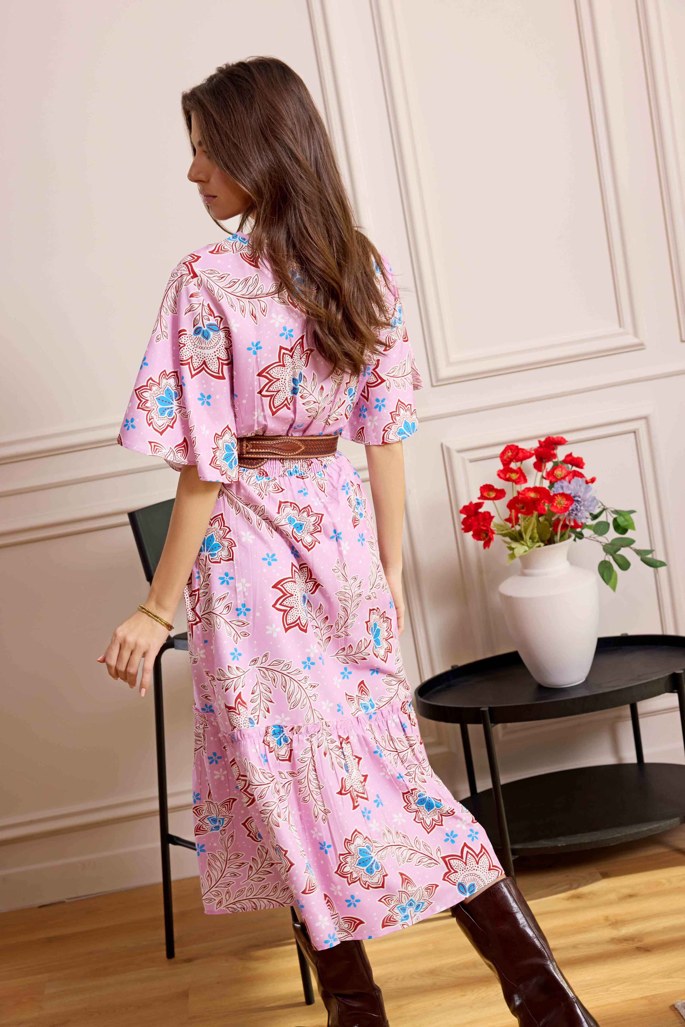 Bohera Floral Crest Midi Dress with Front Tie in Blush Pink