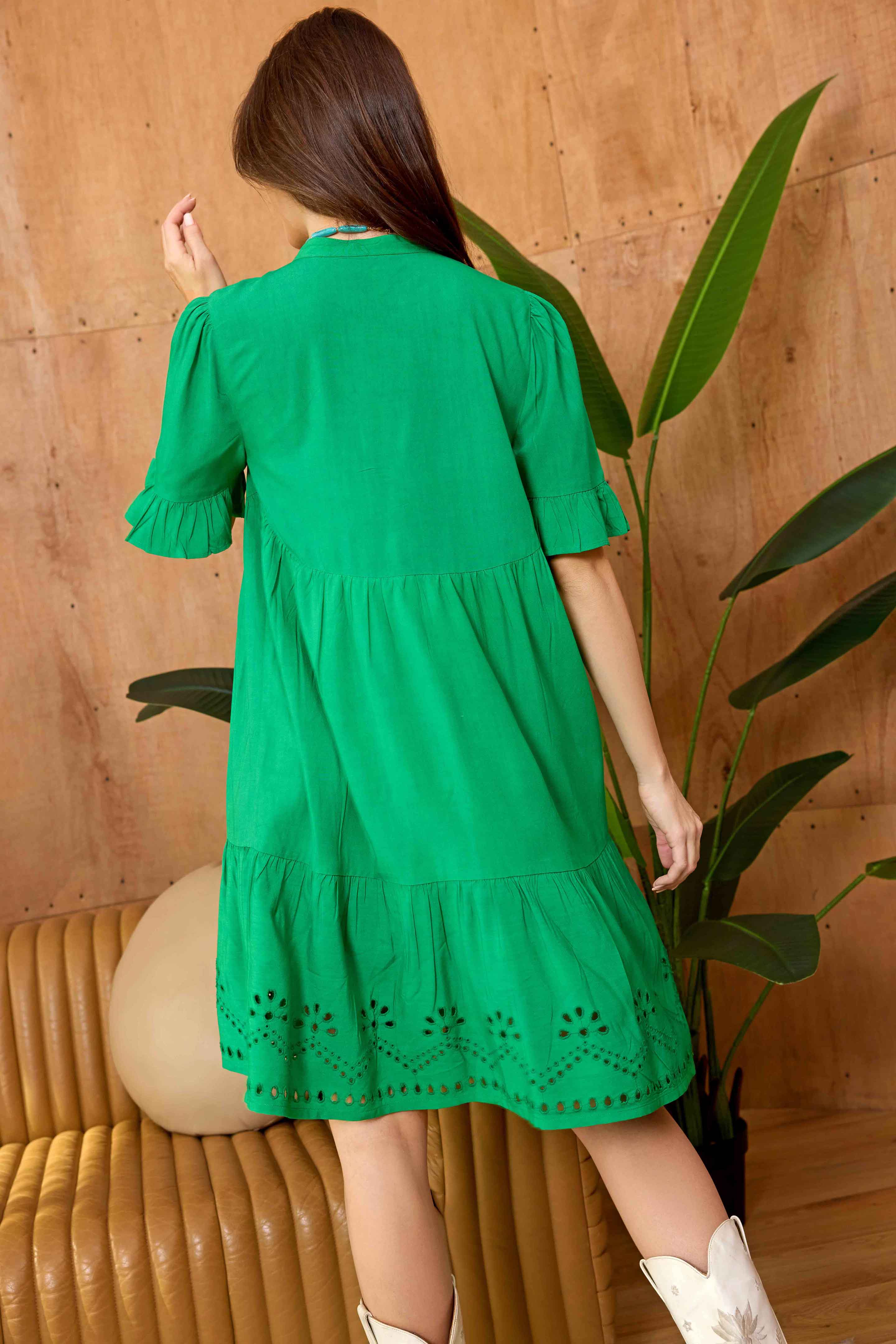 Bohera Eyelet Hem Short Sleeve Buttoned Mini Dress in Emerald Green
