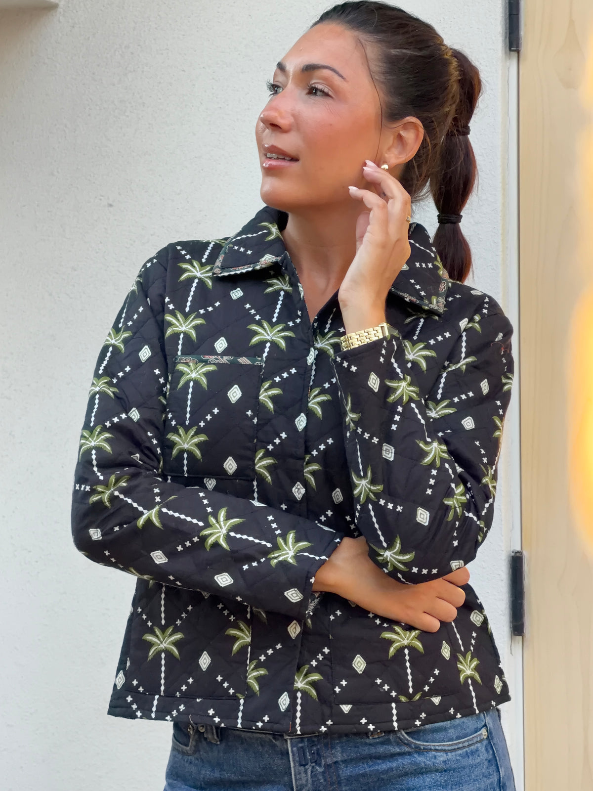Everglade Dreams Cotton Jacket in Midnight Black & Green