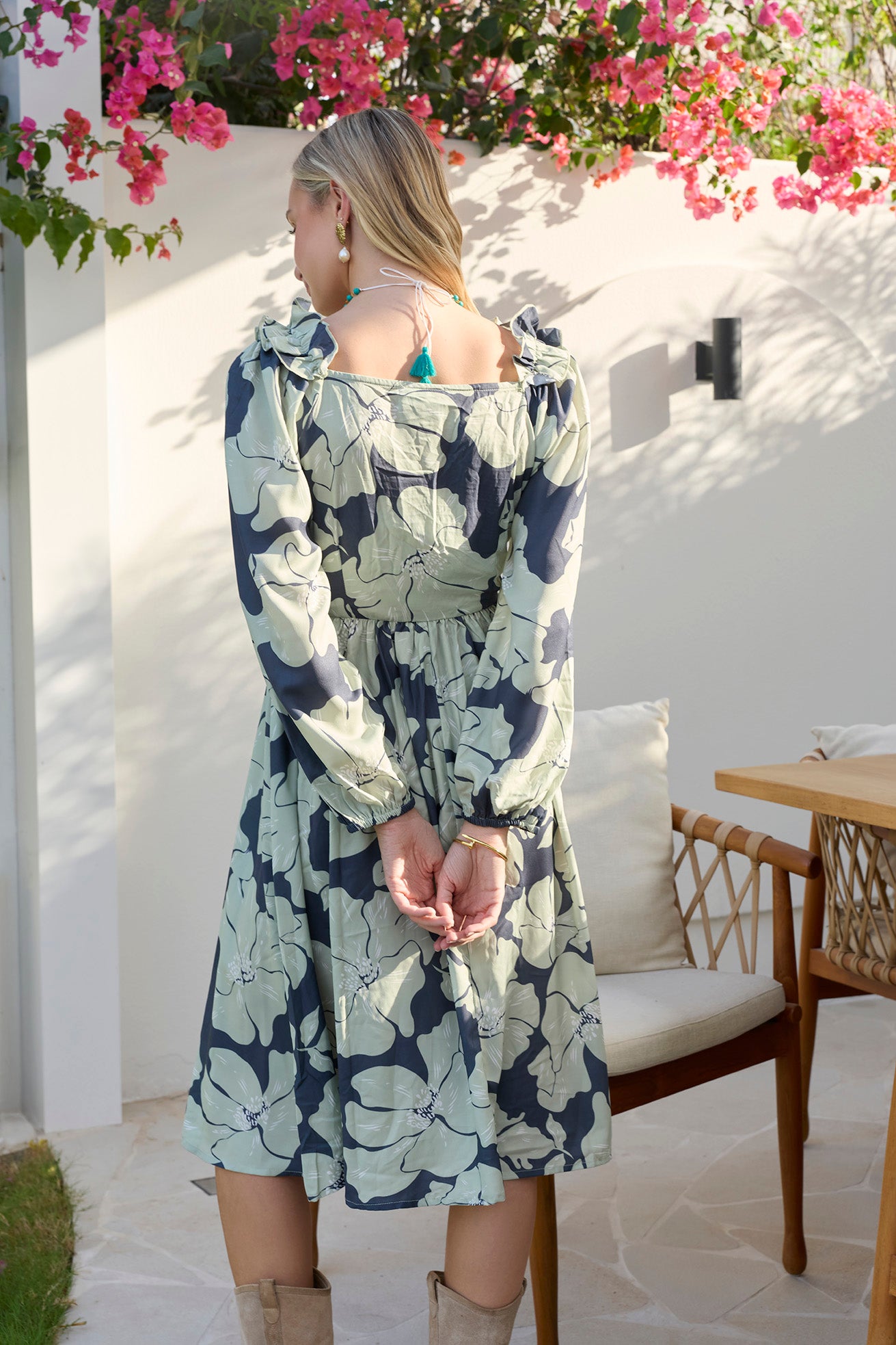 Wildmint Ruffle Smocking Dress in Jade Blue