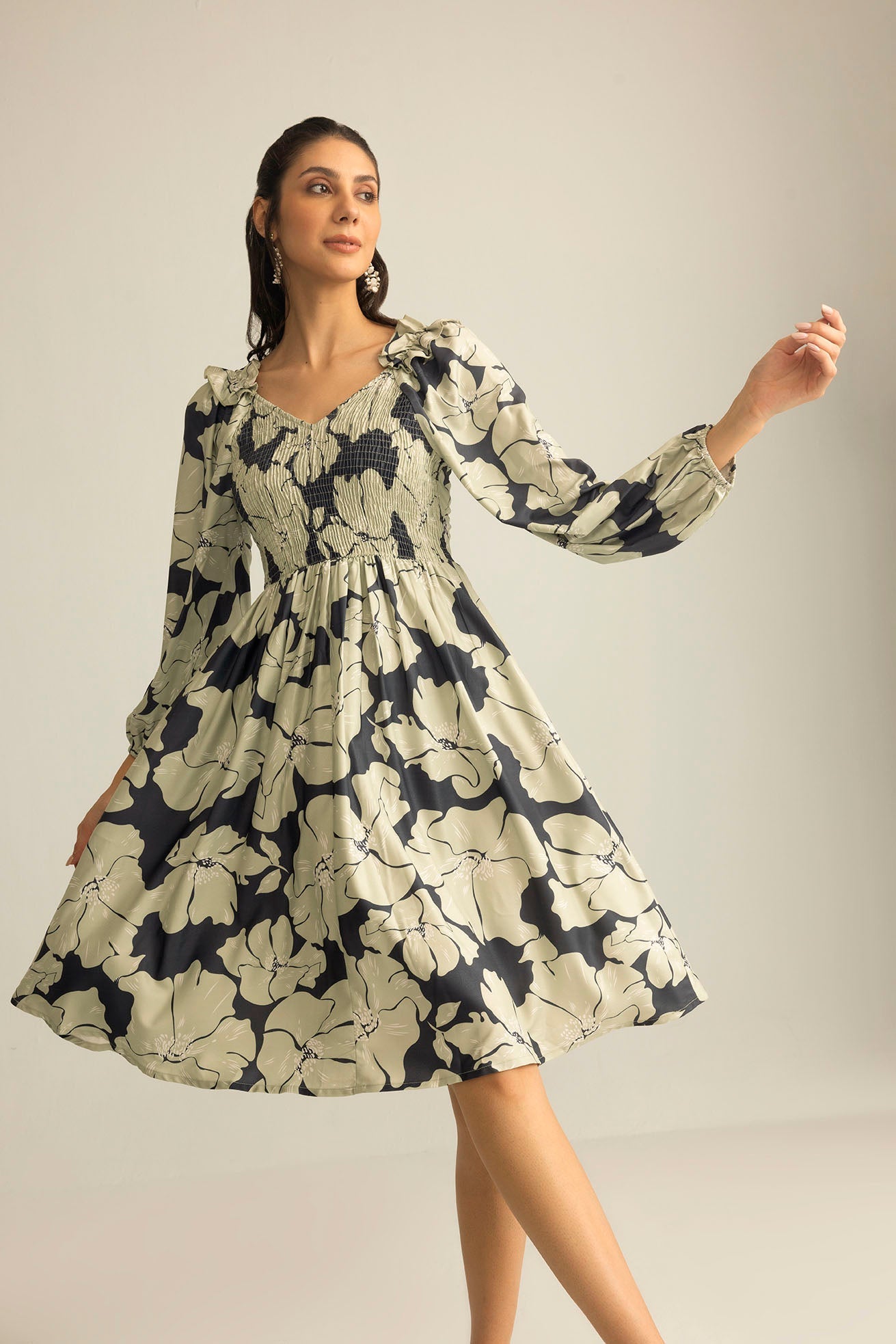 Wildmint Ruffle Smocking Dress in Jade Blue