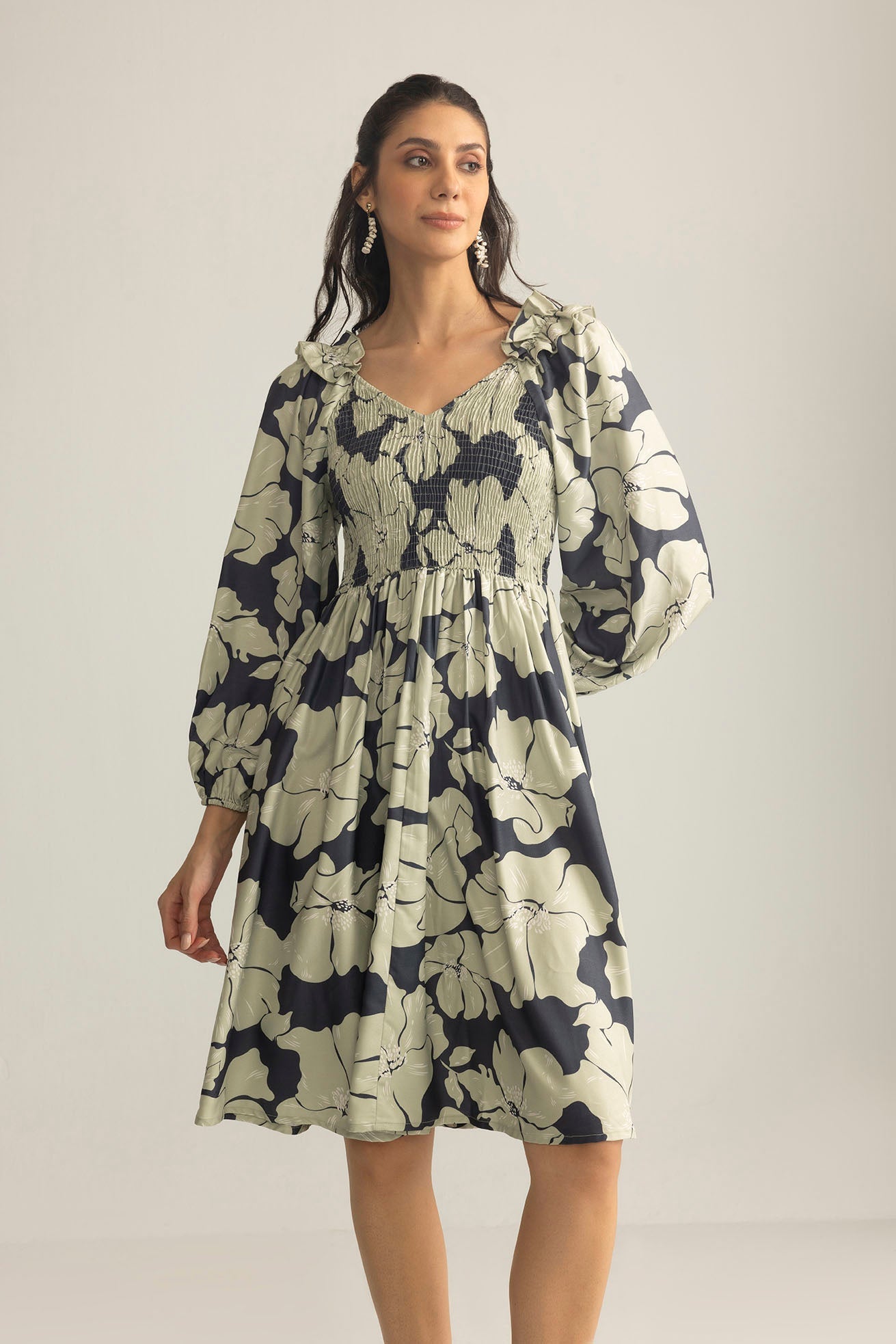Wildmint Ruffle Smocking Dress in Jade Blue