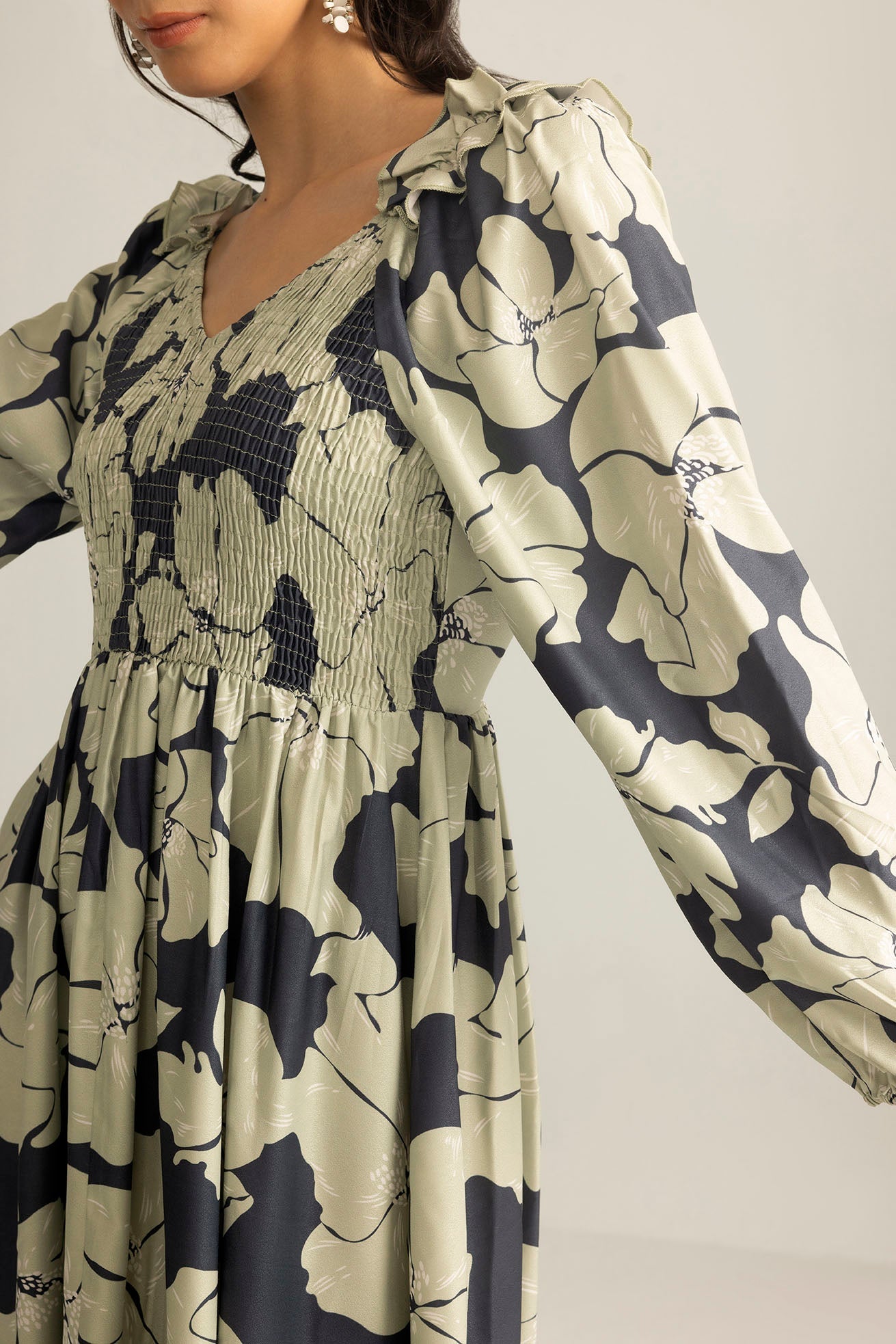 Wildmint Ruffle Smocking Dress in Jade Blue