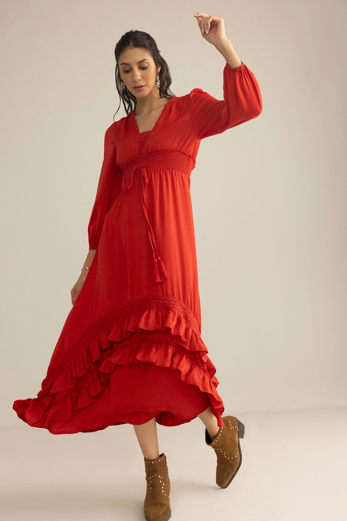 Rumba Rouge Satin Dress in Spiced Red