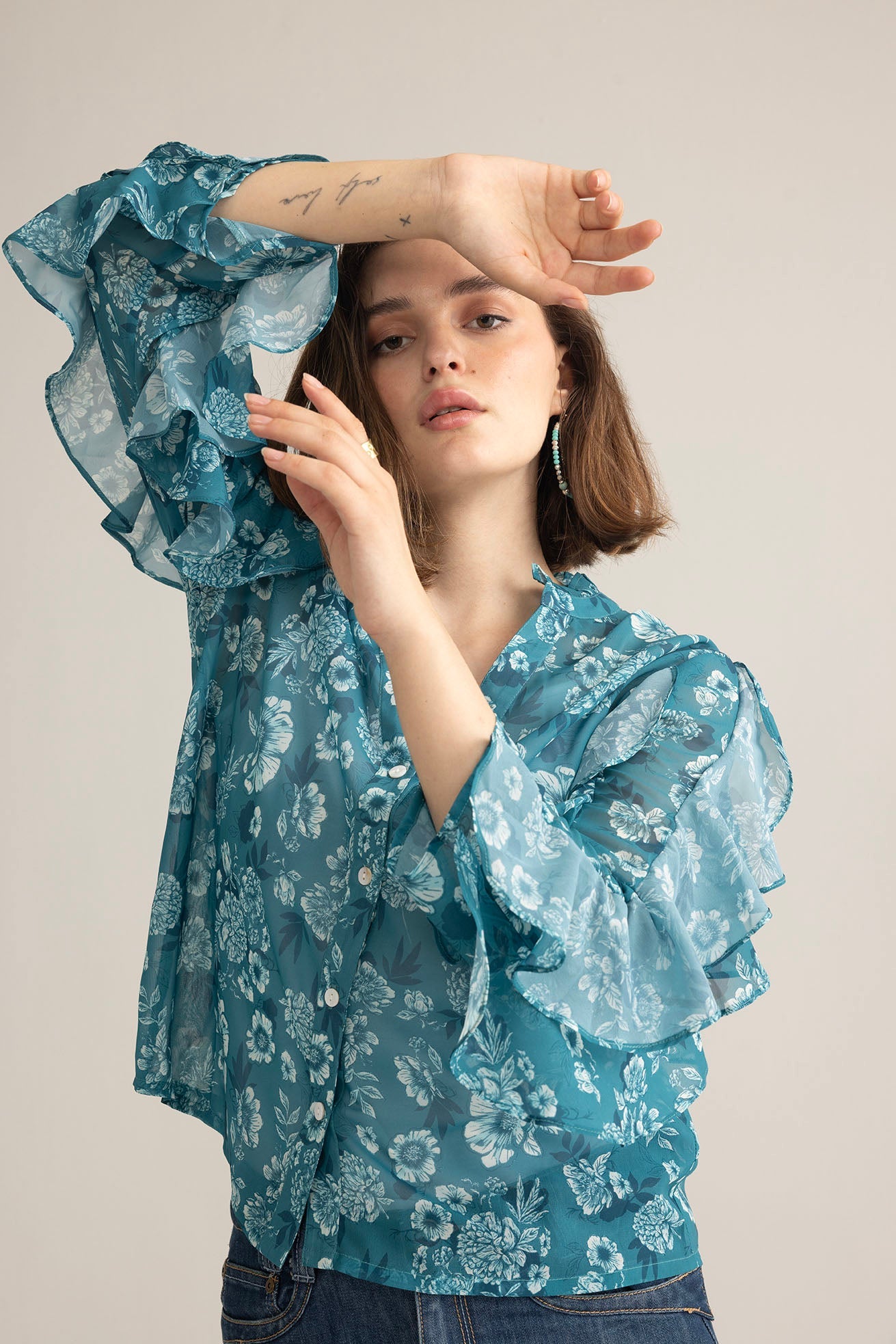 【Audire】ruffle sleeve blouse (Blue)/M Audire】ruffle sleeve blouse (Blue)/M JGGSPWM Women's Short Sleeve