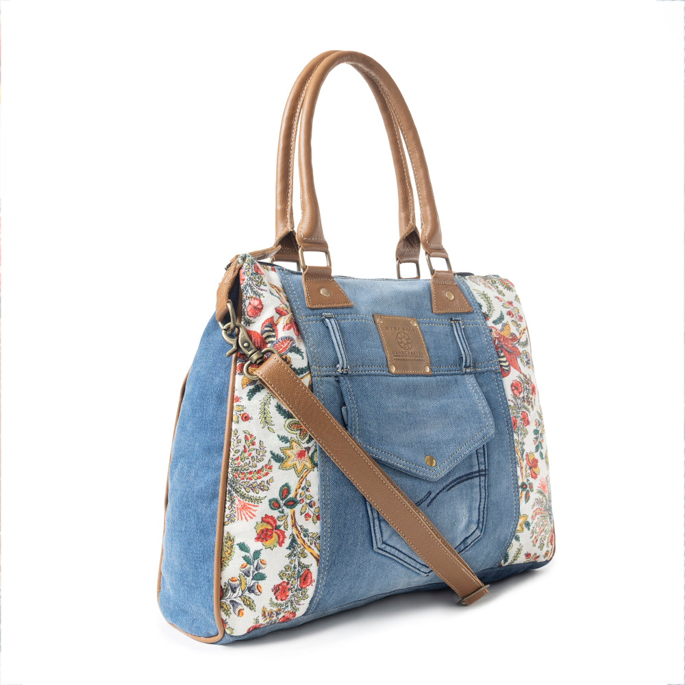 Myra Crimson Glade Floral Canvas Tote Bag - Dual Handle Leather Strap Upcycled Denim Bag for Fun Outings